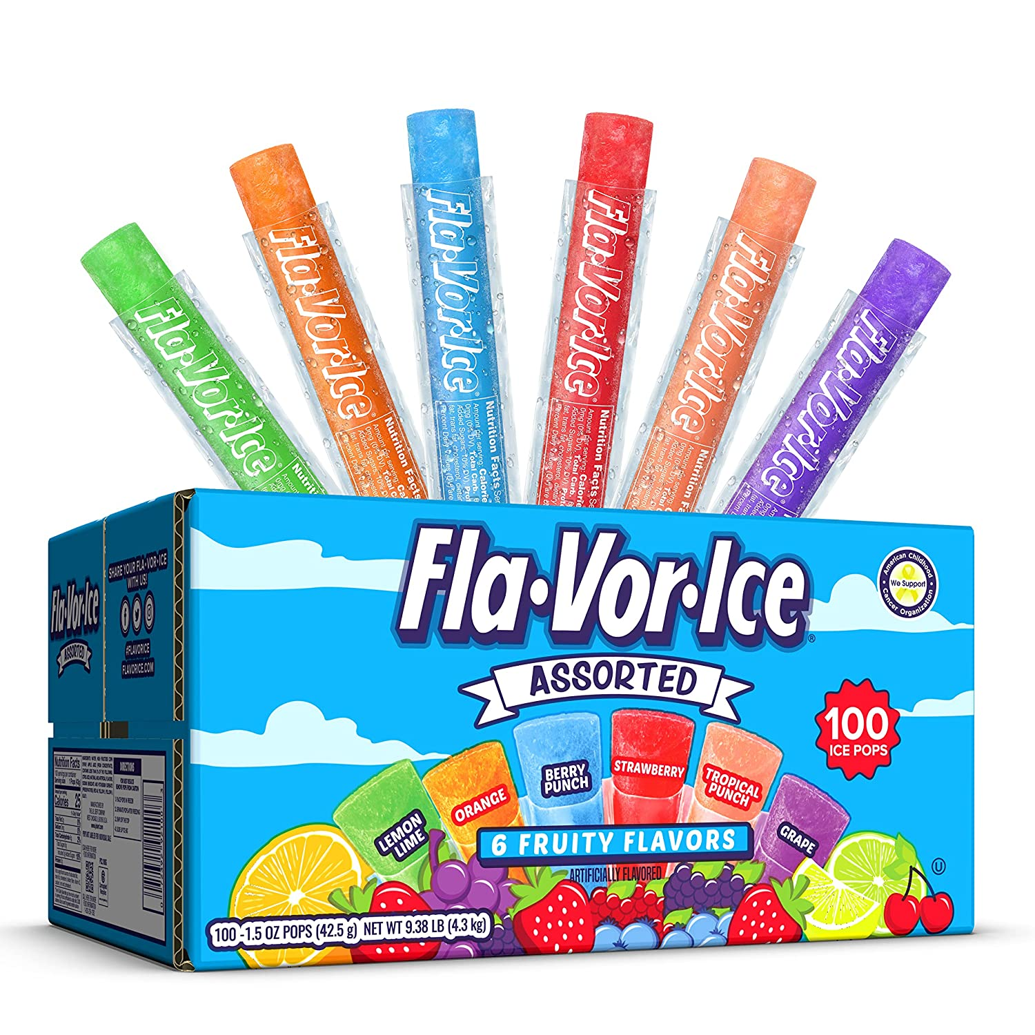 Fla-Vor-Ice Assorted 6 Fruity Flavors Ice Pops 1.5 oz 100 count Fast Shipping