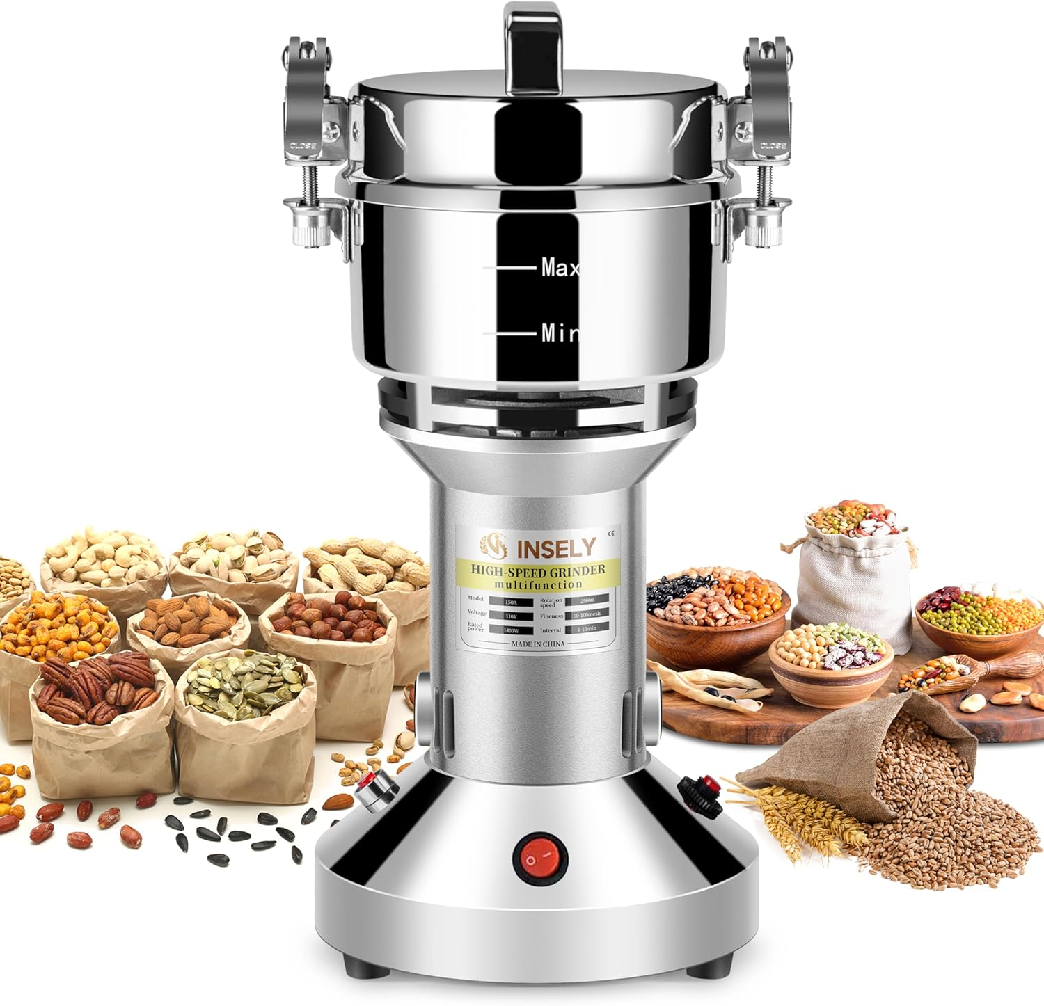 Grain Mill 150G, Flour Mill Grinder for Home, Electric Stainless Steel Grain Grinder for Wheat, Spices, Coffee,Corn and Other Dry Food Grinders for Kitchen