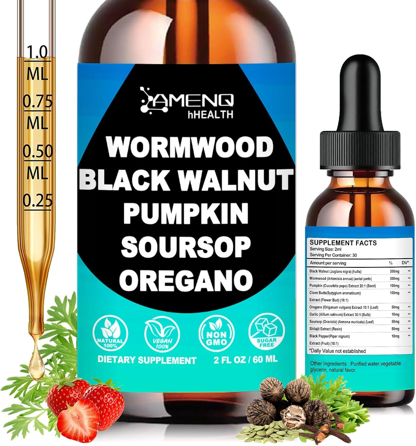 Wormwood Black Walnut Clove Cleanse for Humans Liquid Drops, Gut Cleanse & Digestive Supplement W/Clove, Oregano, Soursop & Pumpkin for Elimination Detox, Max Absorption than Capusles丨Non-Gmo, 2 Fl Oz