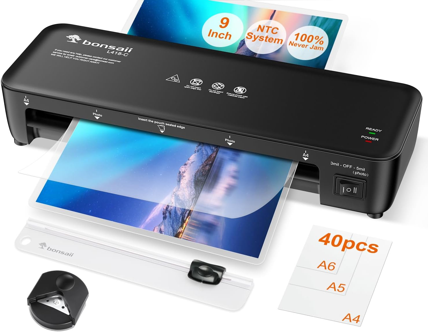 9 Inch 4 in-1 Thermal Laminator Machine with Never Jam Technology for Documents/Posters/Photos, Personal Laminator with 40 Laminating Sheets, Ideal for Office/School/Home/Business