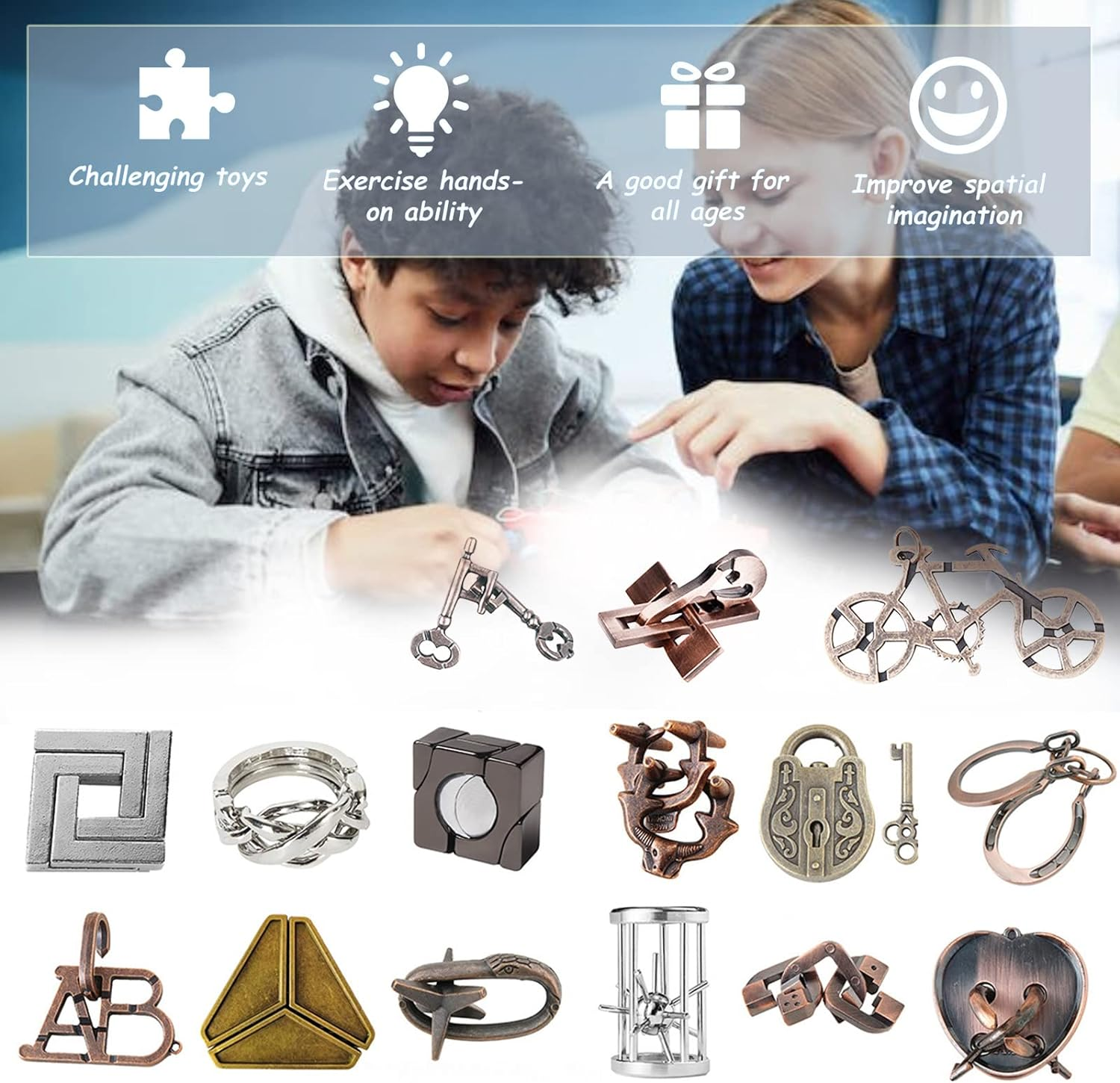 FantasyDay 15 Pcs Brain Teaser Puzzle,Metal Puzzle, Unlock Interlock IQ Test ... - Picture 10 of 11