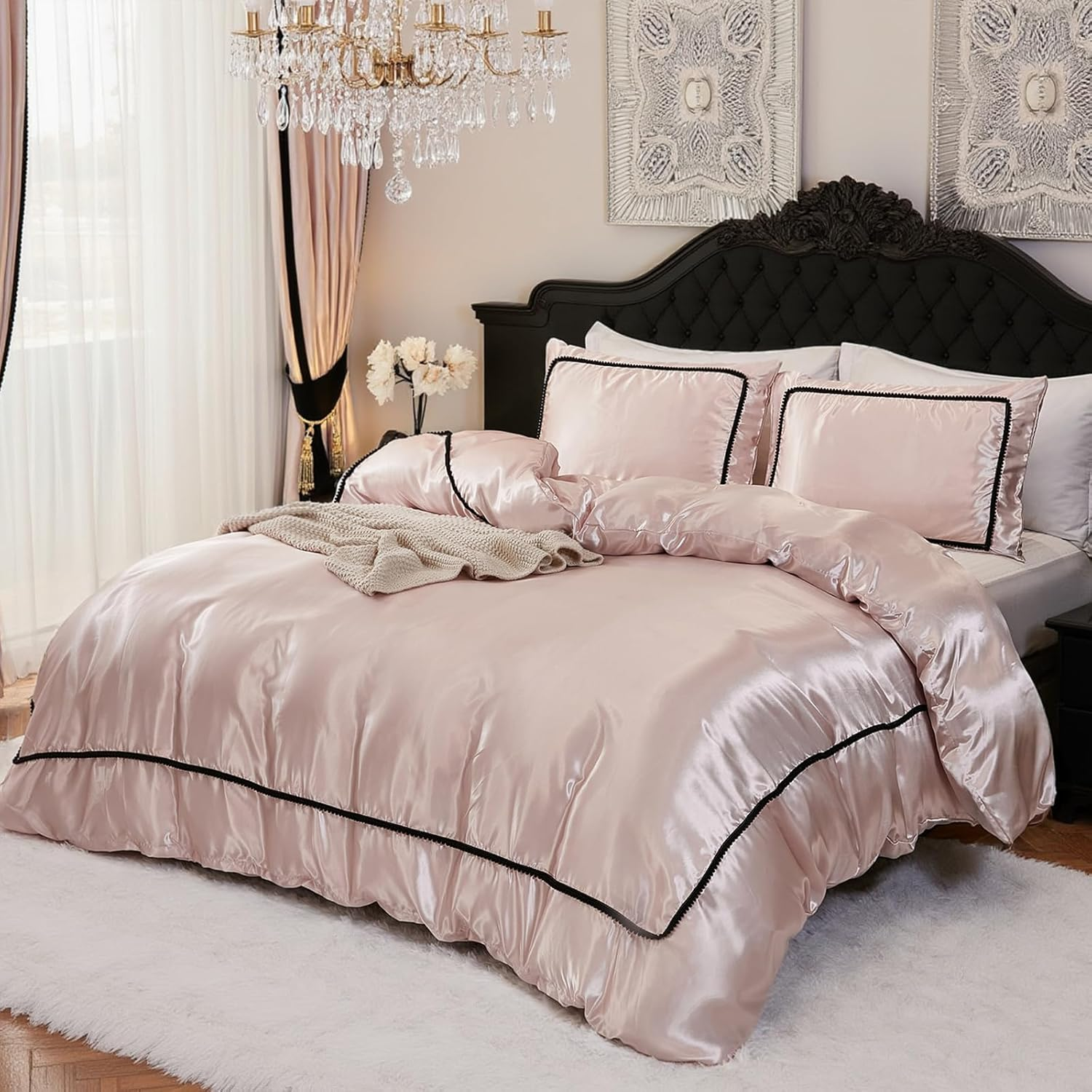 Pink Mocha Satin Comforter Set 7 Pcs Queen Size Bed in a Bag Luxury Satin Bedding Set with Comforter Pillowcases and Sheets Sets Mini Pompoms Design Super Soft Silky Bed Set for All Seasons