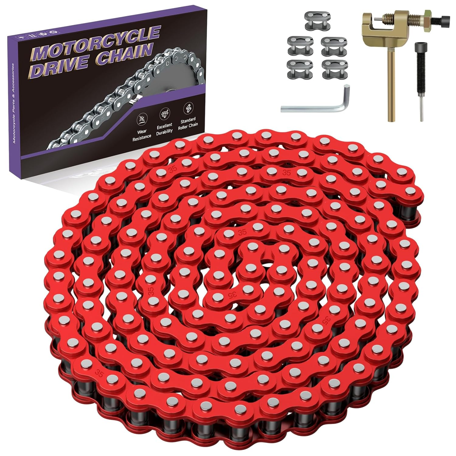 Red 35 Chain Compatible with Mini Bike Coleman CT100U CC100X Baja DB30 Motovox MBX10 MBX11 Predator 79Cc 97Cc 100Cc Mega Moto MM-B80 105Cc Powersports Parts 140 Link 35 Chain Breaker