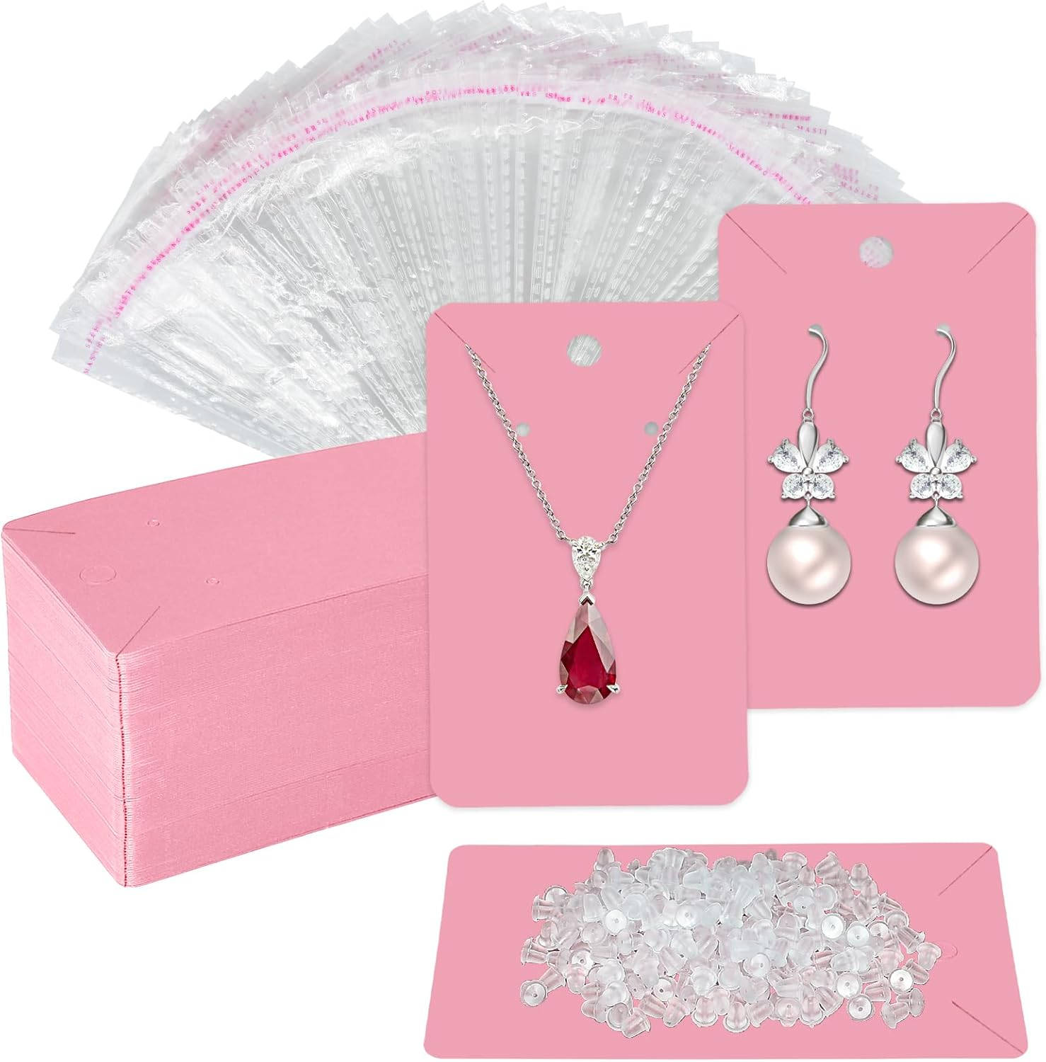 Pink Earring Display Cards with 100Pcs Earring Holder Cards, 200 Pcs Ear Backs and 100Pcs Jewelry Packaging Bags for Necklace Jewelry Display (3.5