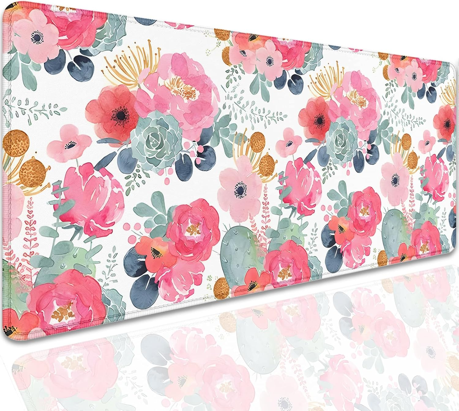 Watercolor Flowers Desk Pad Mouse Pad,Large Floral Mouse Mat with Stitched Edges,Non-Slip Rubber Base Mousepad for Office PC Keyboard Laptop and Home Work Desk Mat(27.5X11.8 in)