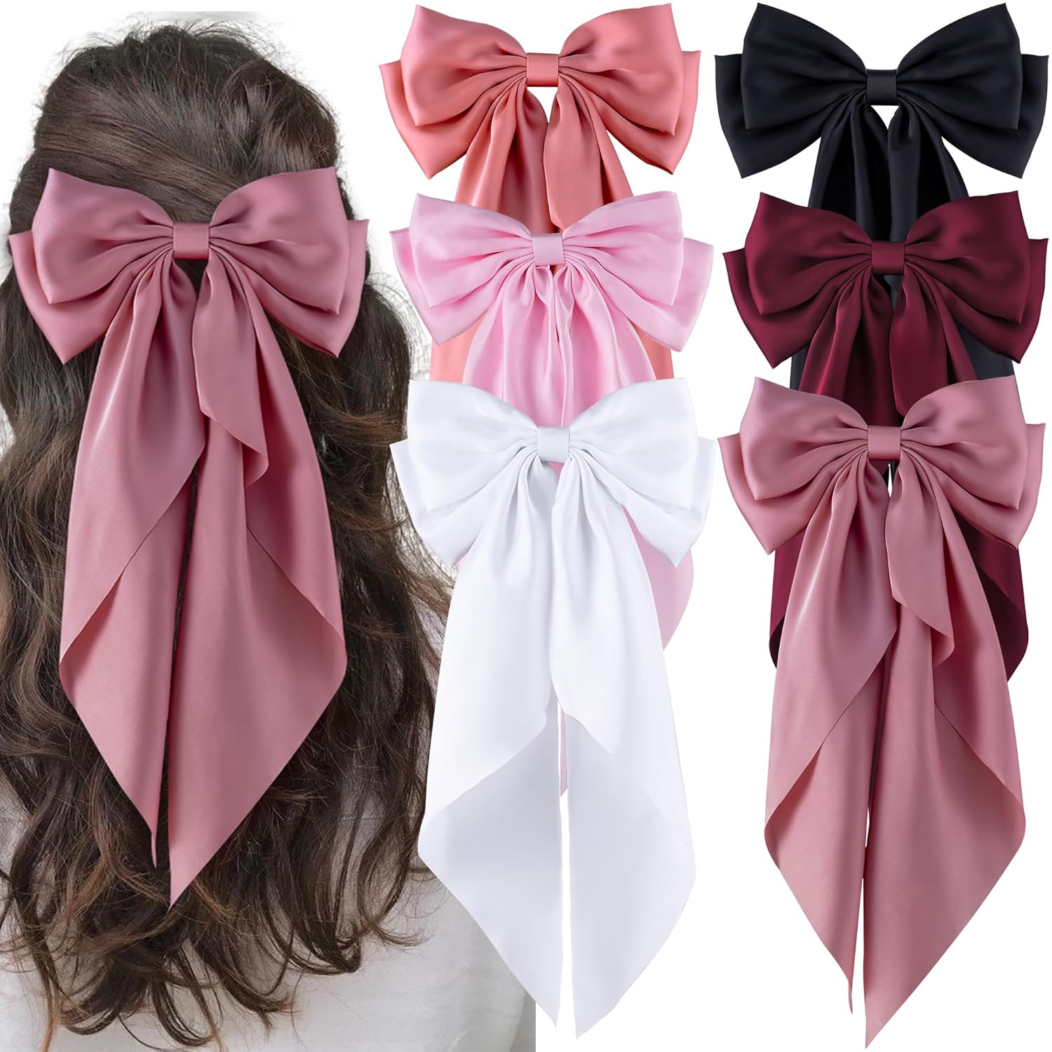 6Pcs Large Bows Hair Clips for Women Girls Long Tail Hair Ribbon Silky Satin Barrettes Coquette Bows Accessories (Black/Pink/Red/White)