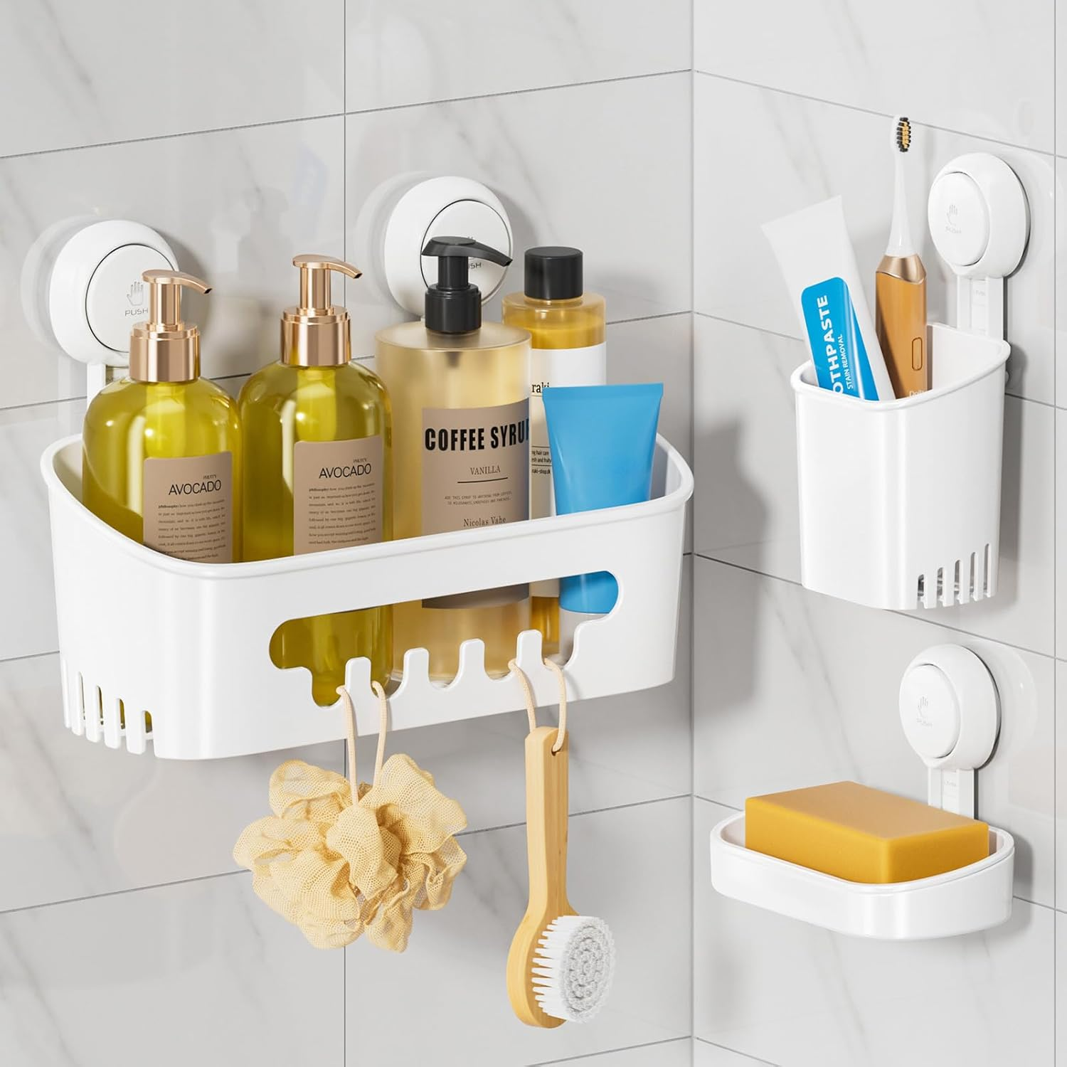 Shower Caddy Suction Cup Set Shower Organizer & Soap Holder & Toothbrush Holder, Bathroom Shelf Basket No-Drilling, Removable Suction Storage Waterproof Bathroom Caddy, White | Shower Organizer, Soap Holder, Toothbrush Holder, Removable Suction, Storage, Waterproof
