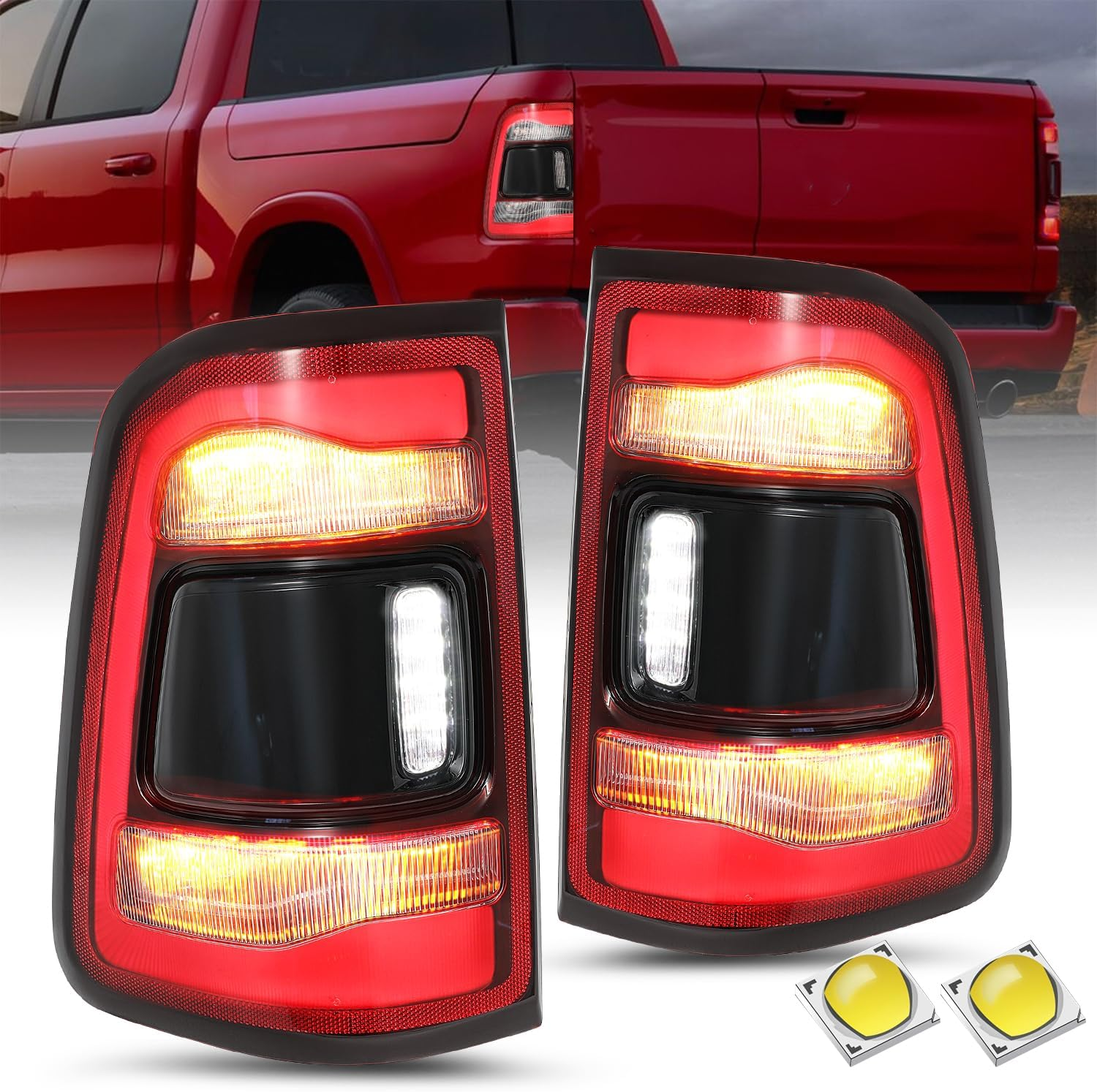 LED Tail Light Assembly Compatible with 2019-2024 Dodge Ram 1500 with Blind Spot(Module NOT Included), Rear Brake Light Black Smoke Lens Tail Lamps Driver and Passenger Side