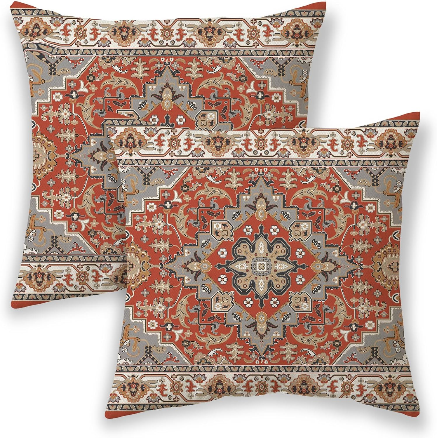 Boho Pillow Covers 18x18, Burnt Orange Grey Ethnic Design Outdoor Decorative Throw Pillows for Couch, Fall Carpet Pattern Decor Cushion Cover 2 Pcs Farmhouse Linen Pillowcase for Bed Car Safa