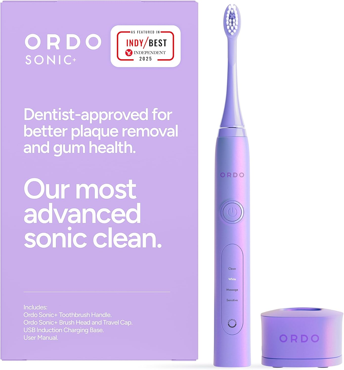 Sonic+ Smart Tech Electric Toothbrush with 4 Cleaning Modes, Fast Rechargeable Battery and Silicone Polishing Element, USB Charger for Adults, Pearl Violet