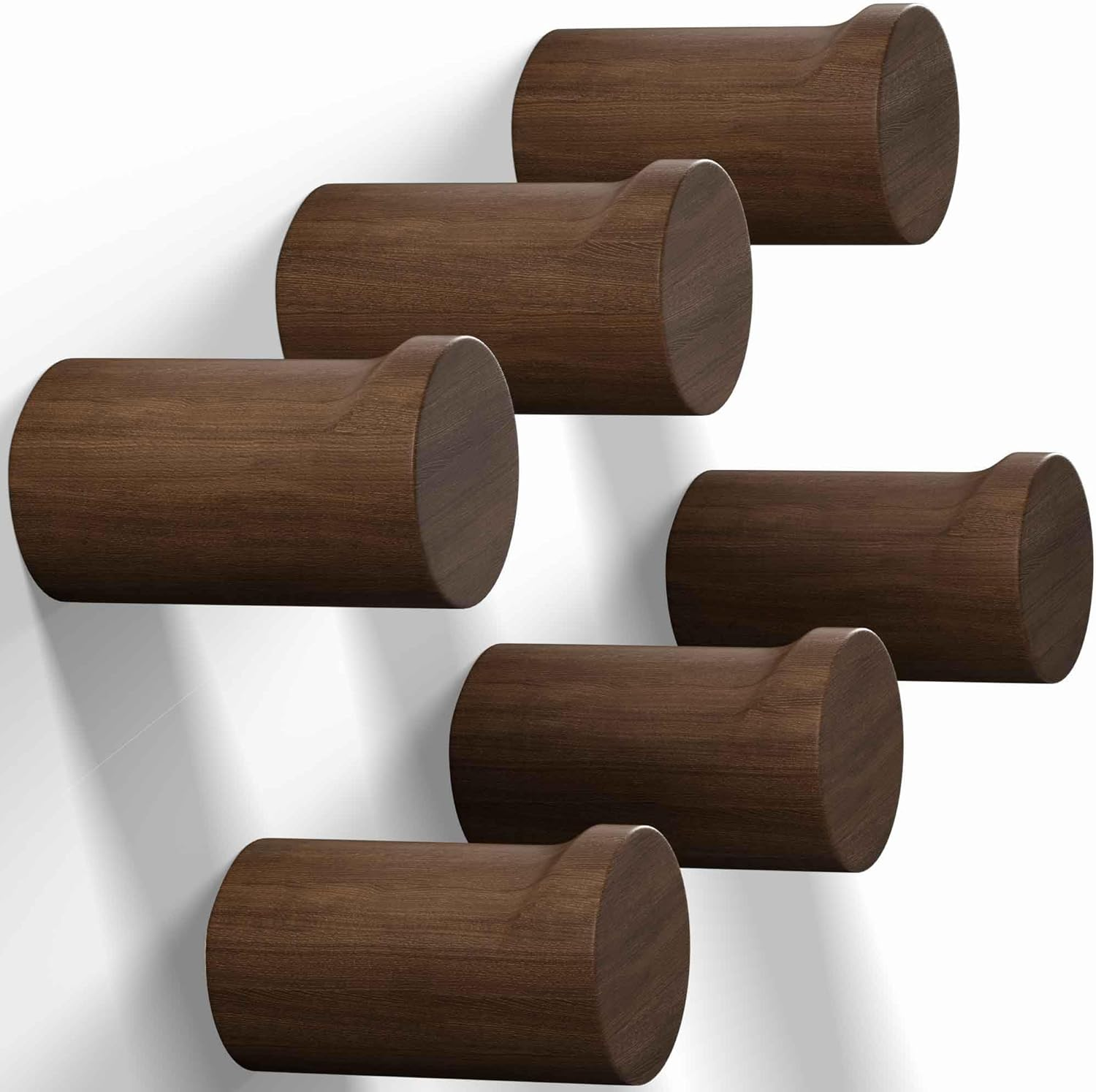 Walnut Wood Wall Hook 6 Pack, Natural Wooden Coat Hooks Wall Mounted, Hat Hooks Heavy Duty Entryway Wall Hangers for Hanging Towels, Clothes and Bags