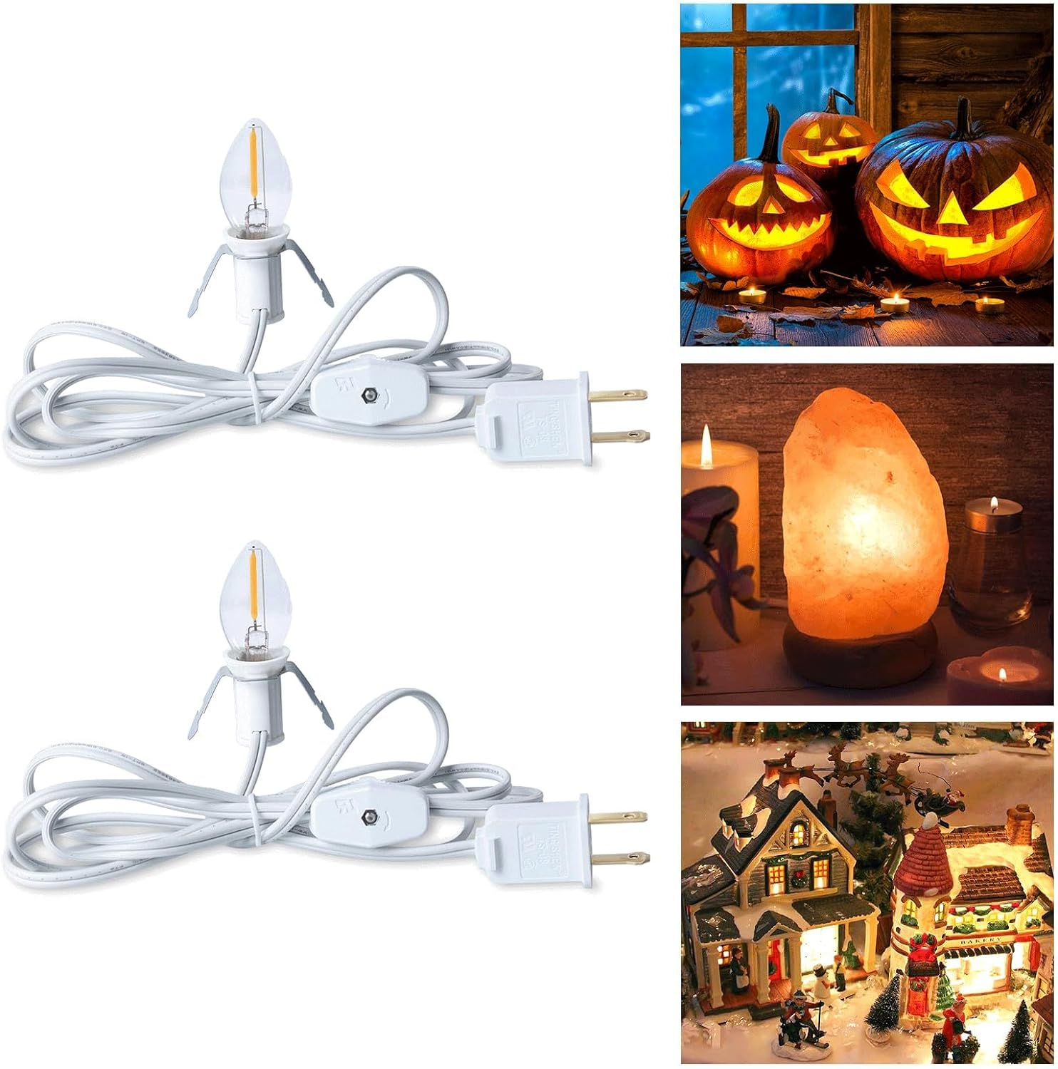 Accessory Cord with LED Bulb - 6Ft Cord with On/Off Switch for Night Lights, Halloween Pumpkin, Blow Mold, Christmas Village House, Holiday Ceramic Trees, Craft Projects, 2 Pack