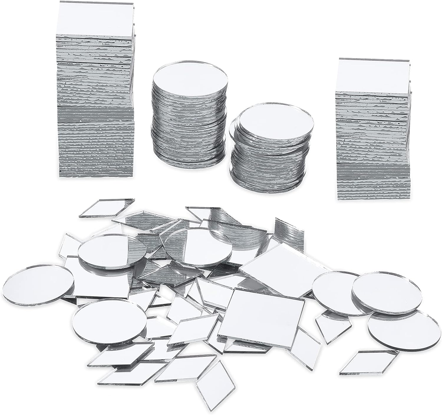 Prasacco 120 Pcs Small Mirrors for Crafts, 3 Shapes Mirror Pieces for Crafts, Square Diamond round Craft Mirror DIY Mirror Mosaic Tiles for Disco Ball Lamp Framing Decoration