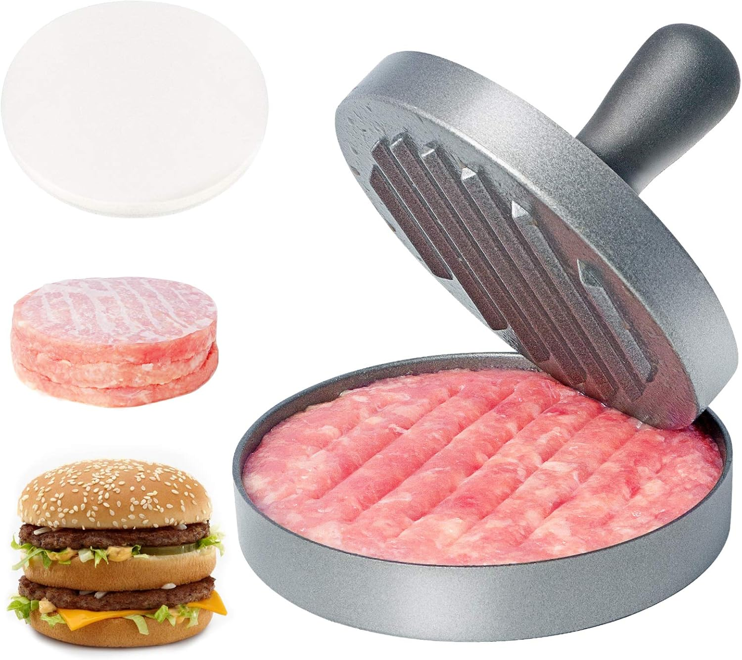 Hamburger Press Patty Maker, Food Grade Aluminum Burger Press with ABS Handle, Non-Stick, Easy to Clean, with 50 Pcs Wax Patty Paper, 4.6