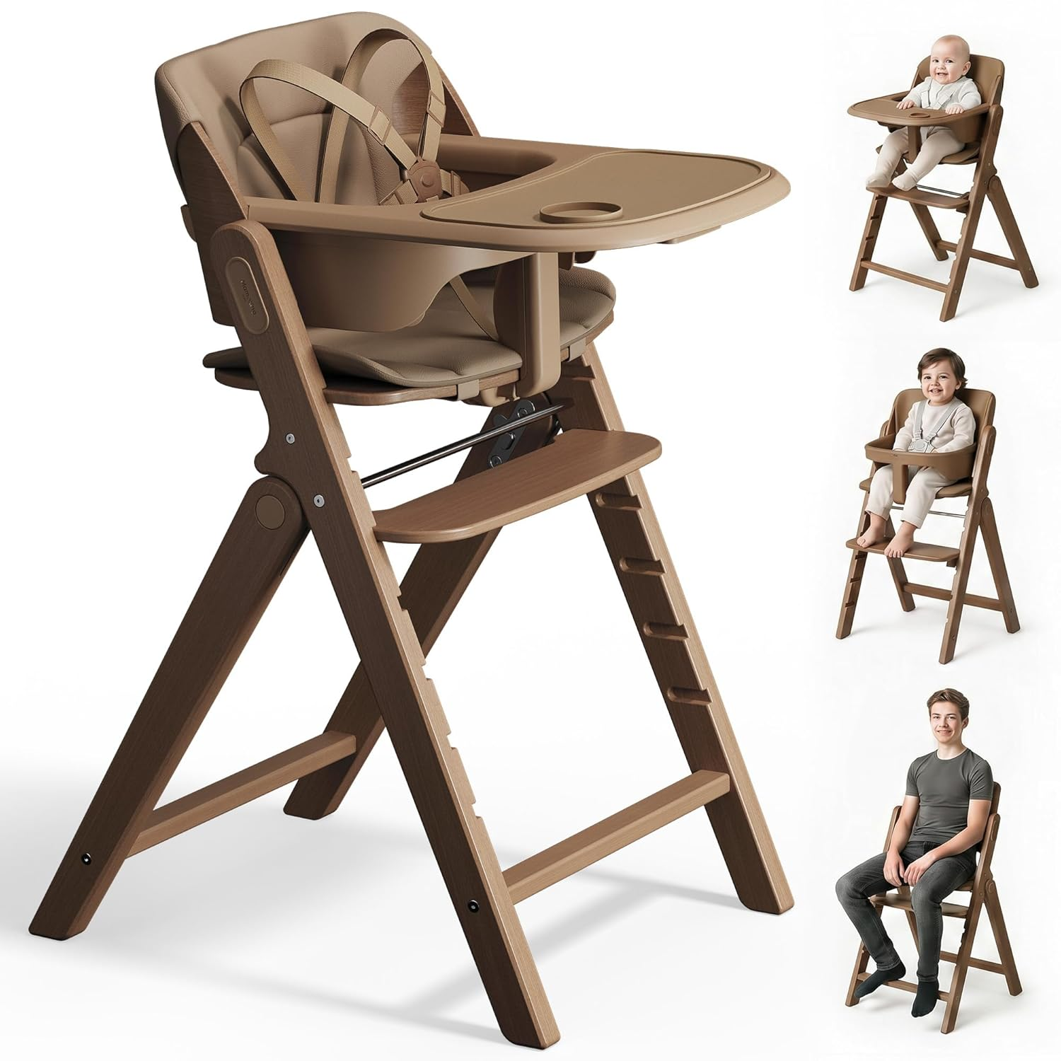 Mamazing Growpod Pro Wooden Baby High Chair for 6 Months to 220Lbs, Easy to Clean with Tray, Compact Foldable Highchair for Kitchen & Dining Room, with 5-Point Safety Harnesses and Guard Bar