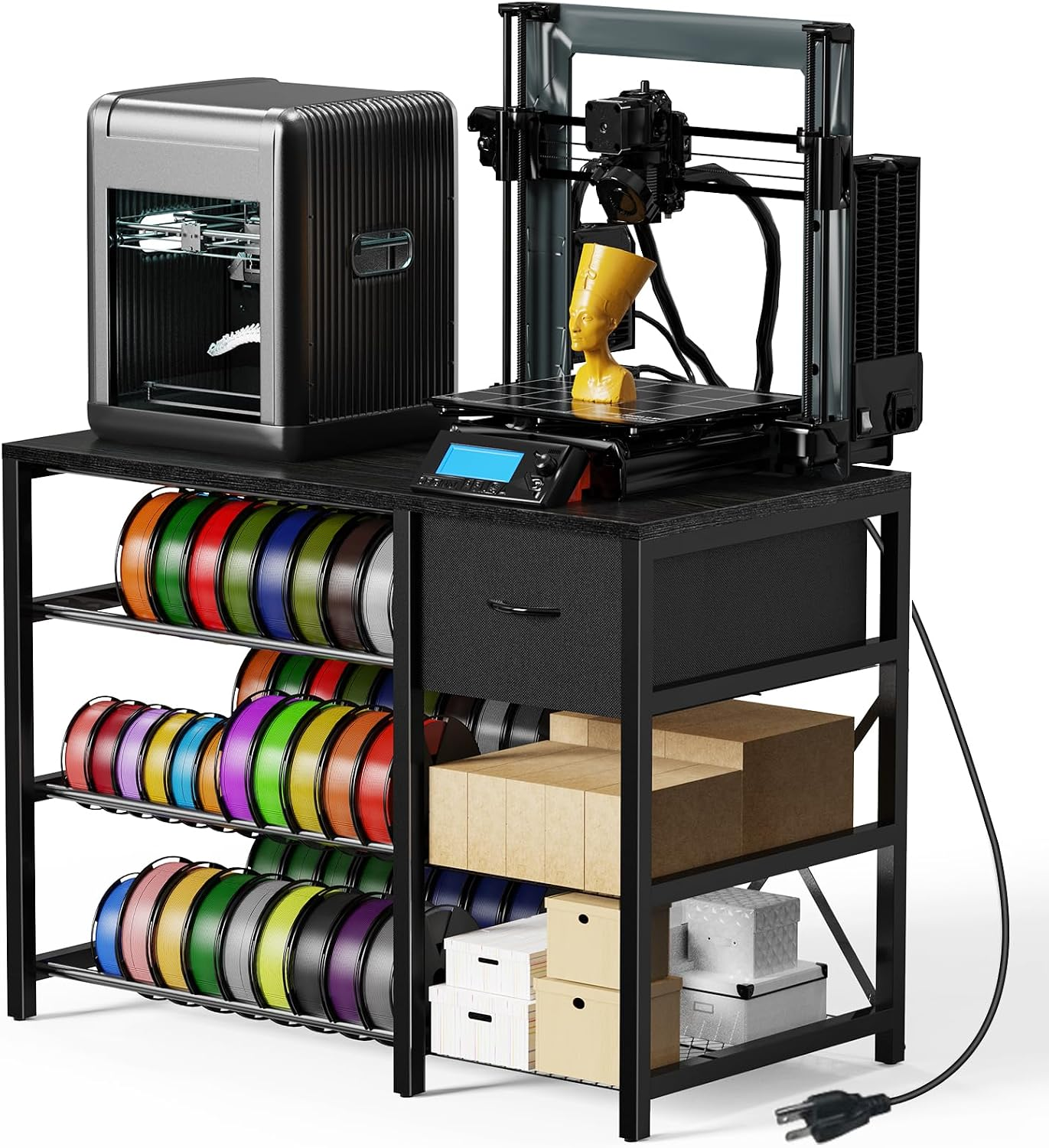 3D Printer Stand with Filament Storage Rack, Black 3D Printer Table with Power Outlet, 3-Tier Filament Holder with Drawer, 3D Printer Filament Stand Organized for Office Workshop Studio