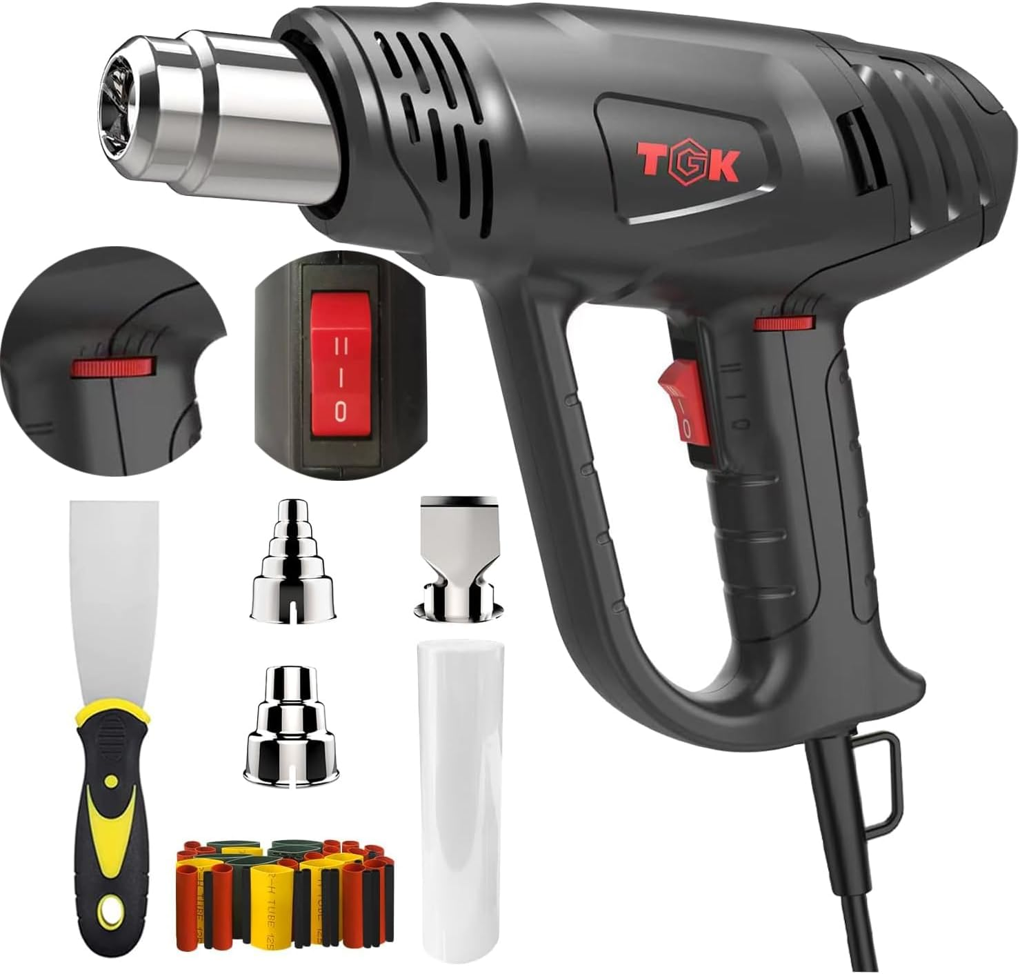 Heat Gun, ® 1800W Heavy Duty Hot Air Gun Kit 122℉~1202℉ Dual Temperature Settings with 3 Nozzle Attachments Overload Protection for Crafts, Shrink Wrapping/Tubing, Paint Removing, Epoxy Resin