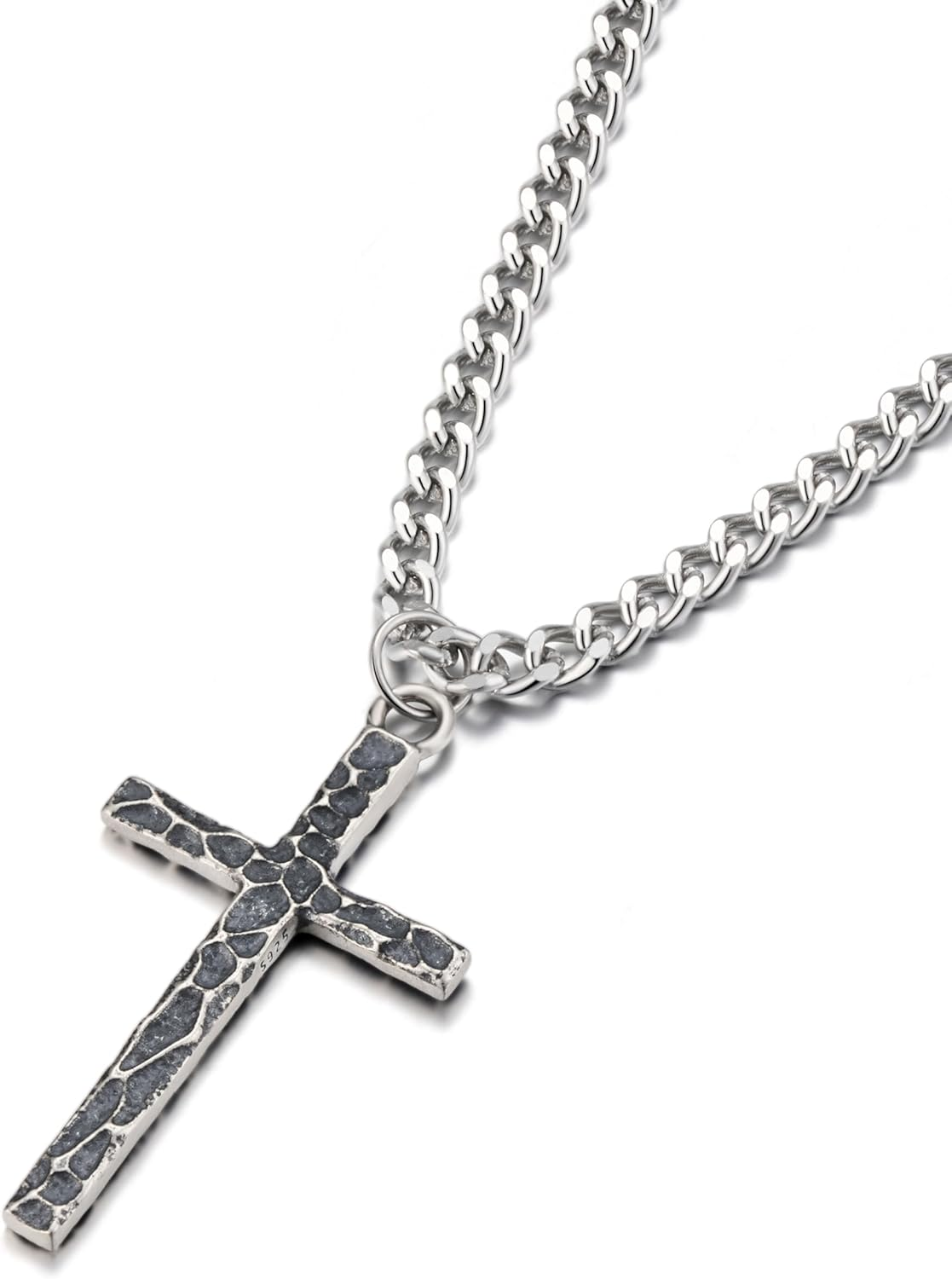 925 Sterling Silver Cross Necklace Men - Oxidized Hammered Cross Pendant with Stainless Steel Cuban Link Curb Chain Vintage Unique Crucifix Necklaces Silver Jewelry for Mens Women 16-30 Inches