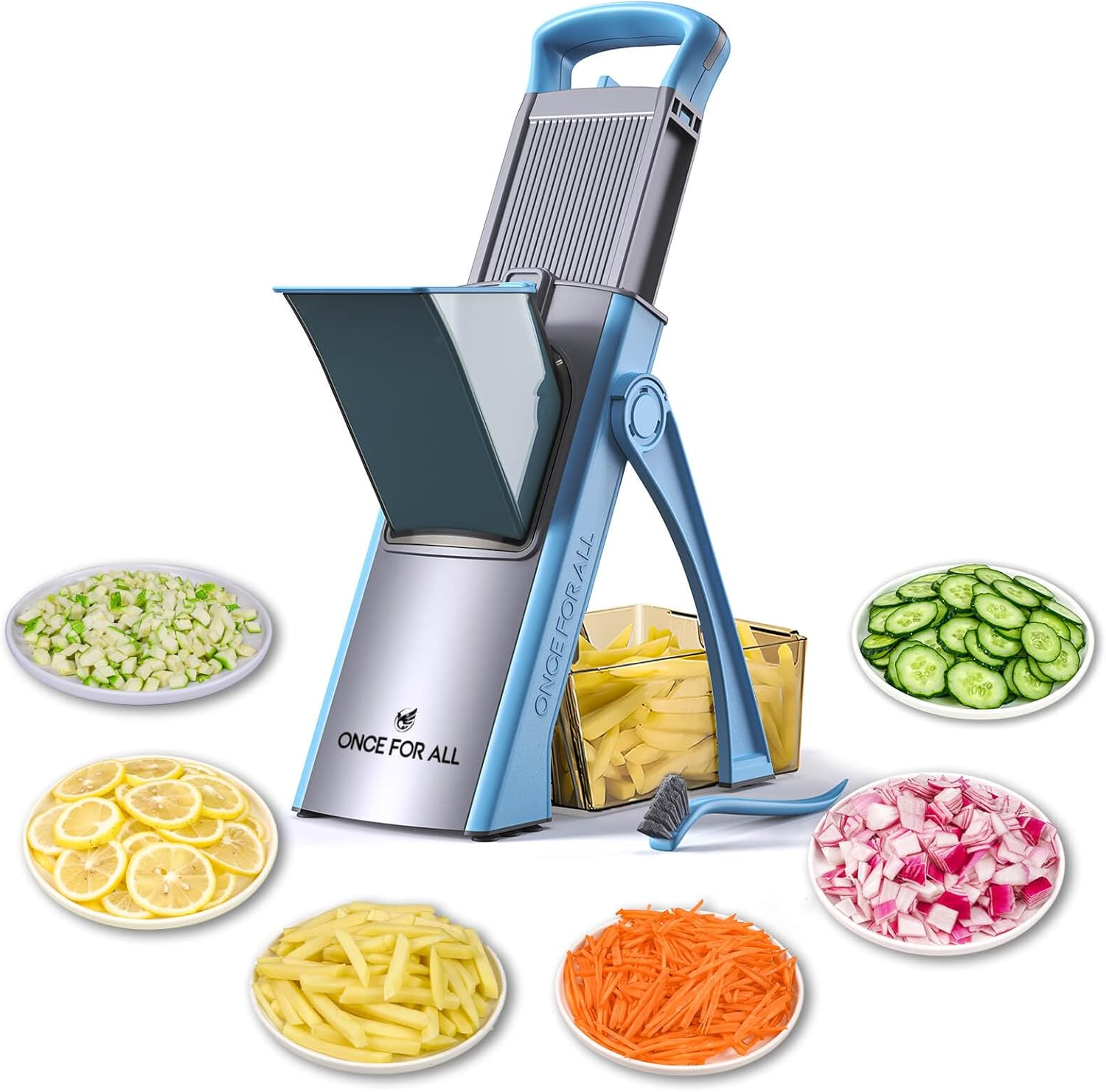 ONCE for ALL Upgrade Safe Mandoline Slicer Plus, Biger Size, Adjustable Vegetable Food Chopper Potato Fries Cutter, Detachable Blade, Kitchen Chopping Artifact, Gift (Skyblue)