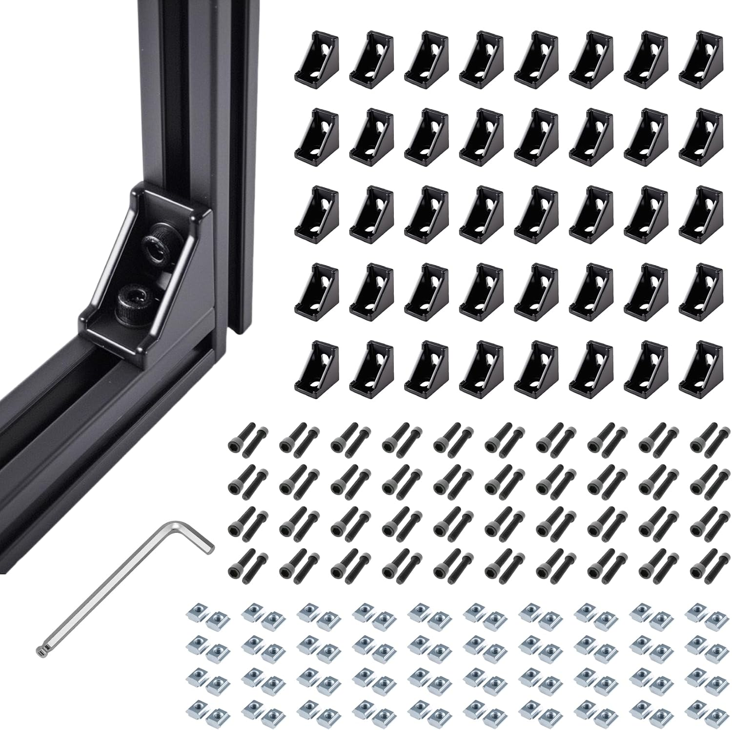 40 Sets Black 2020 Series Aluminum Extrusion T-Slot Corner Bracket Kit, Includes 20Pcs Right Angle Connectors Gusset, 40Pcs T-Nuts and Screws, for 6Mm V-Slot Profile Hardware Accessories