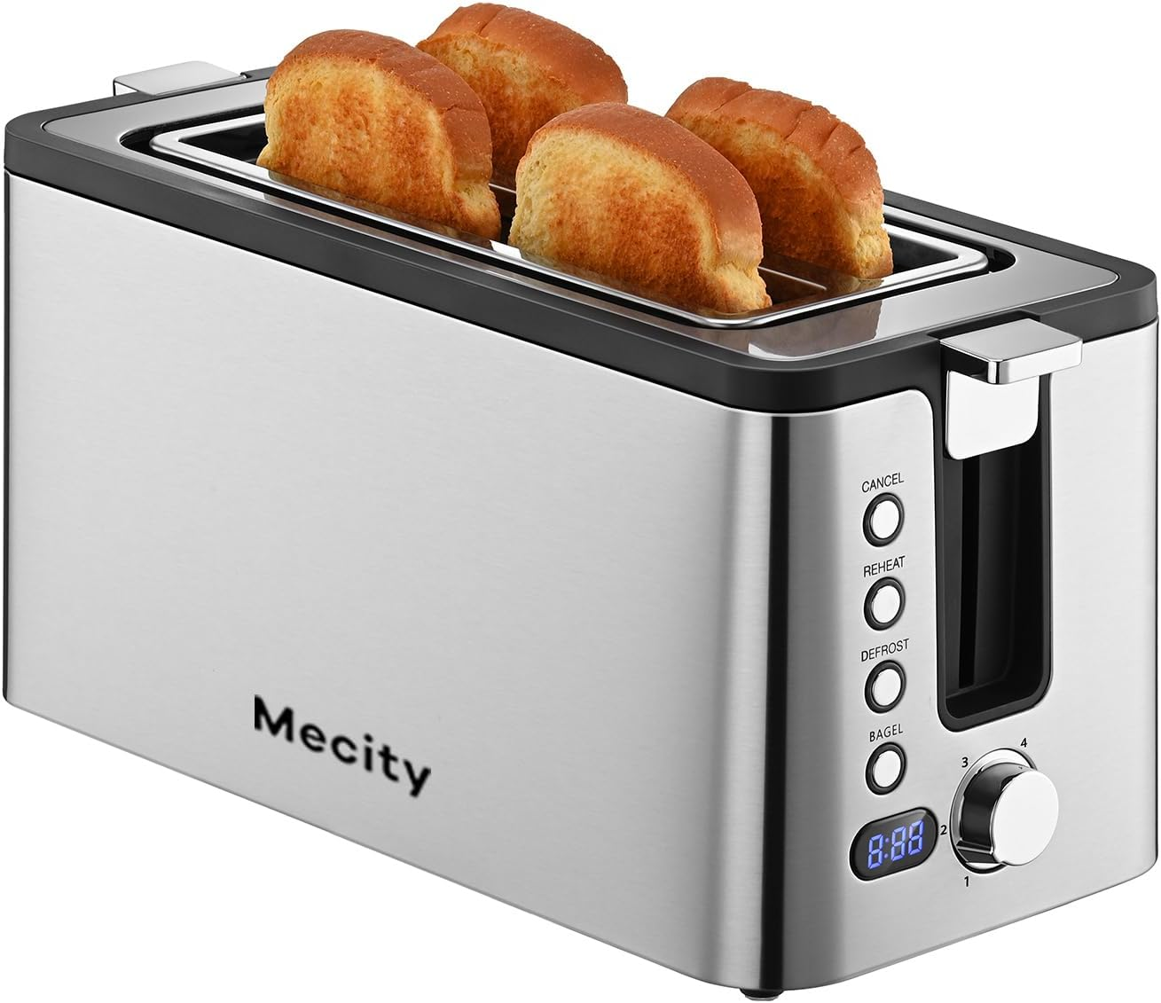 4 Slice Toaster, Long Slot Toaster with Countdown Timer, Bagel/Defrost/Reheat/Cancel Functions,Warming Rack, Removable Tray, 6 Browning Settings, Extra Wide Slots, Stainless Steel, 1300W