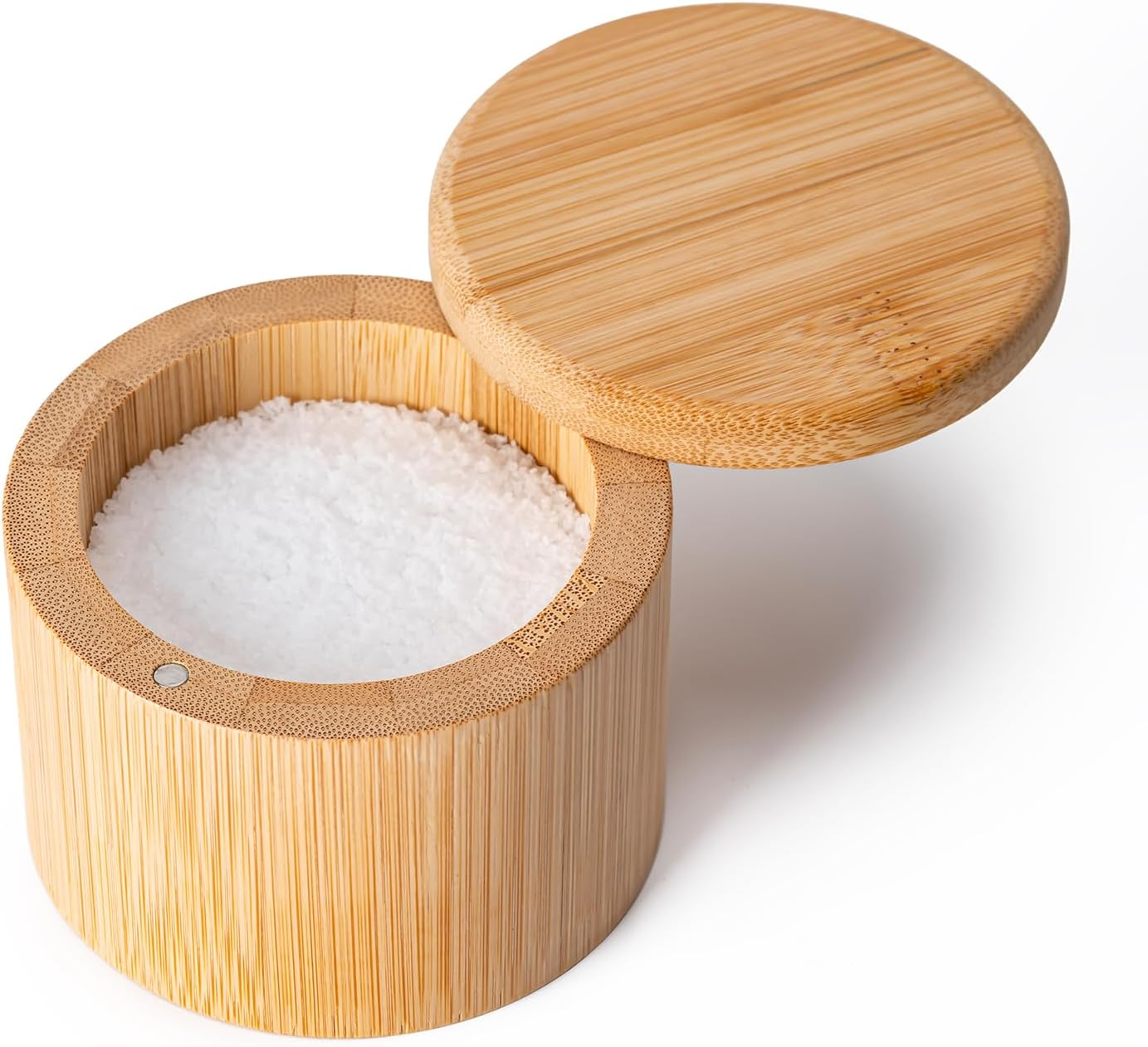 Bamboo Salt Cellar, Salt Box with Magnetic Swivel Lid, round Salt Container for