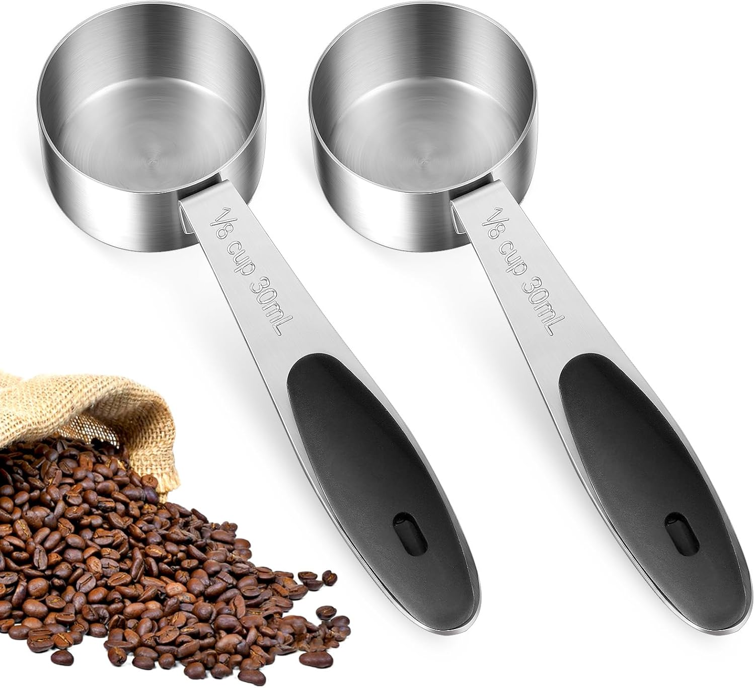 2Pcs 1/8 Cup Measuring Cup, Stainless Steel Coffee Scoop, 2 Tbsp Measuring Cup, 30ML Small Coffee Scoop Measuring Cup with Black Silicone Handle,1/8 Cup Scoop, Kitchen Gadgets for Cooking