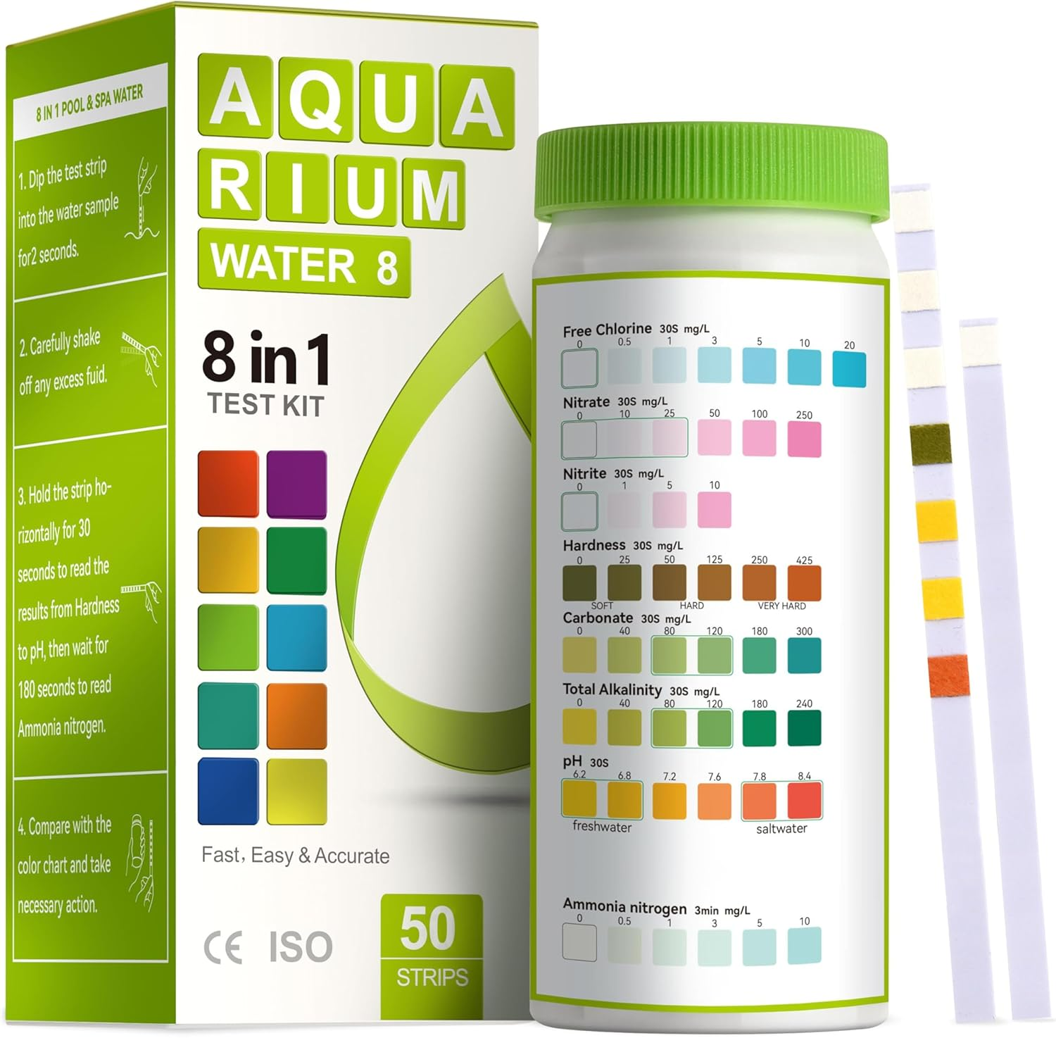 Aawipes 8-In-1 Aquarium Test Kit for Fish Tanks - Quick & Accurate Water Testing Strips for Aquariums & Ponds. Tests Ph, Ammonia, Alkalinity, Hardness, Chlorine, Etc. (K02-50)