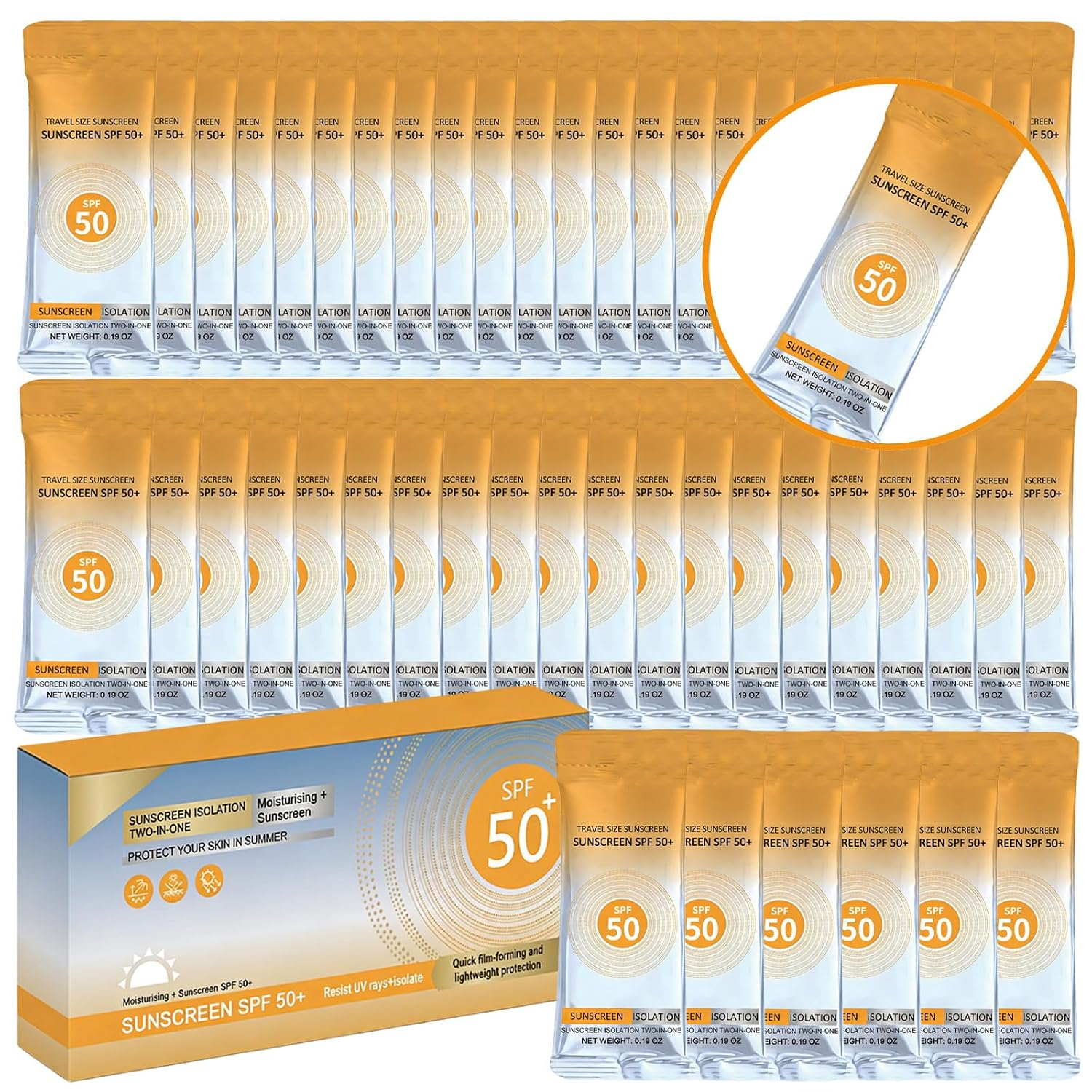 50 Pcs Travel Size Sunscreen, SPF 50+, Bulk Mini Sunscreen for Face & Body, Ligh
