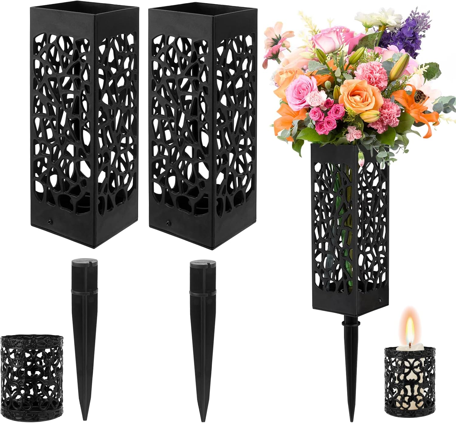 Black Plastic Cemetery Vases With Drainage Holes Memorial Flower Holder 2Pack