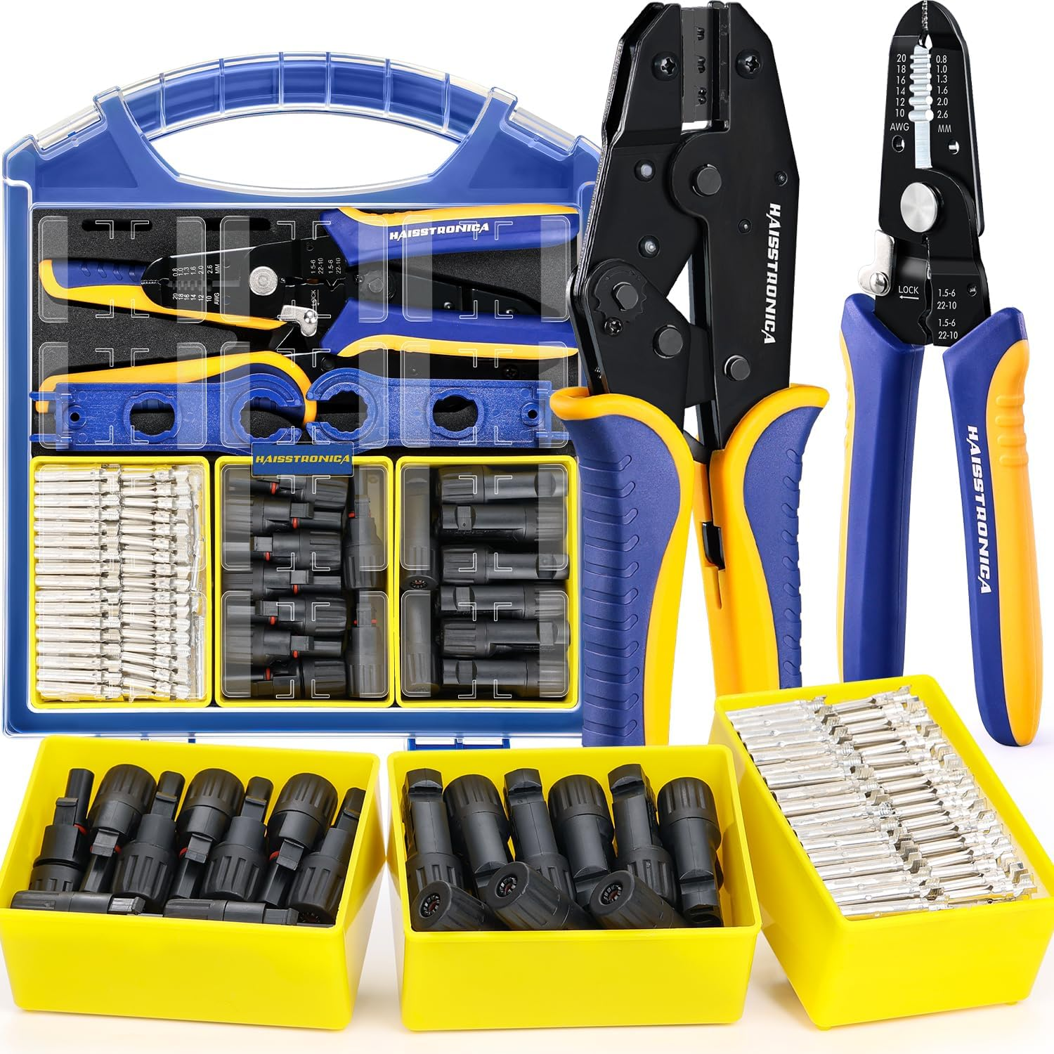 Haisstronica 25PCS Solar Crimping Tool Kit, 20 Pairs MC4 Connectors Awg14-10(2.5/4/6Mm²) with Stripper and Spanners for Solar Panel PV Cable Installation