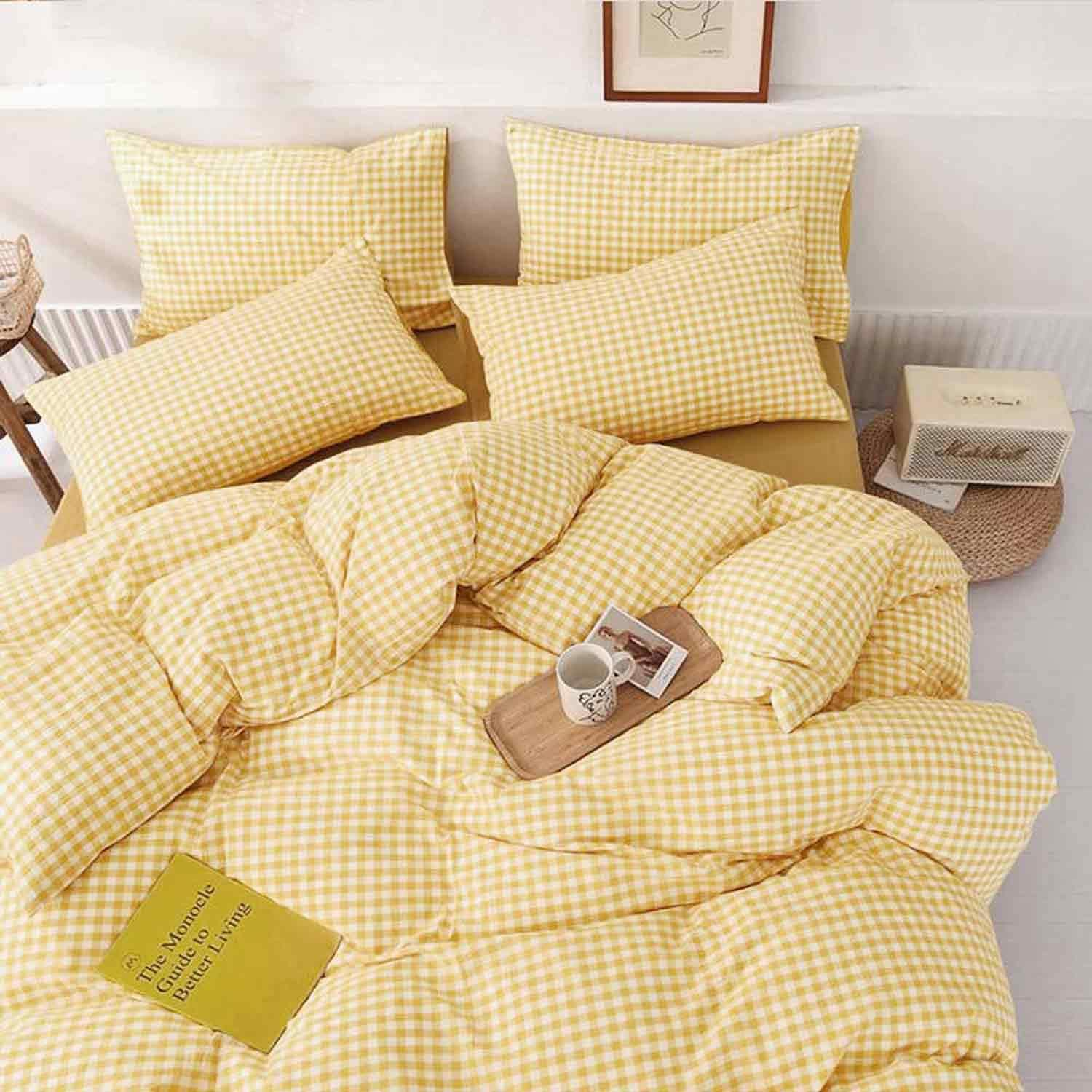 Yellow Comforter Set Queen Size, 3 Piece Farmhouse Gingham Grid Bed Set - Soft and Lightweight Buffalo Checkered Plaid Microfiber down Alternative Comforter (90X90)