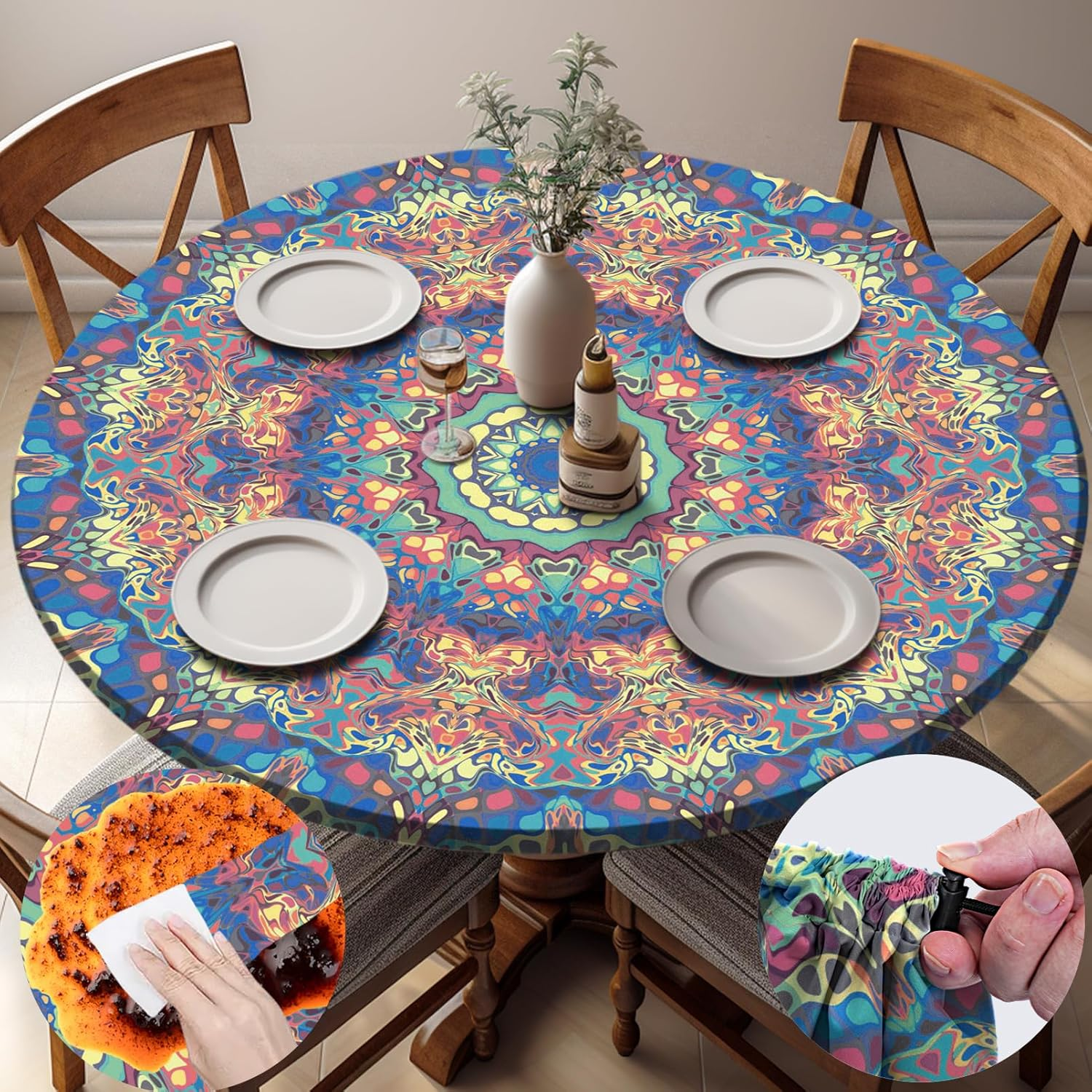 Waterproof Fitted Round Tablecloth Boho Table Cloth Summer Fall Outdoor Circle Cover for 48 Inch 45-54