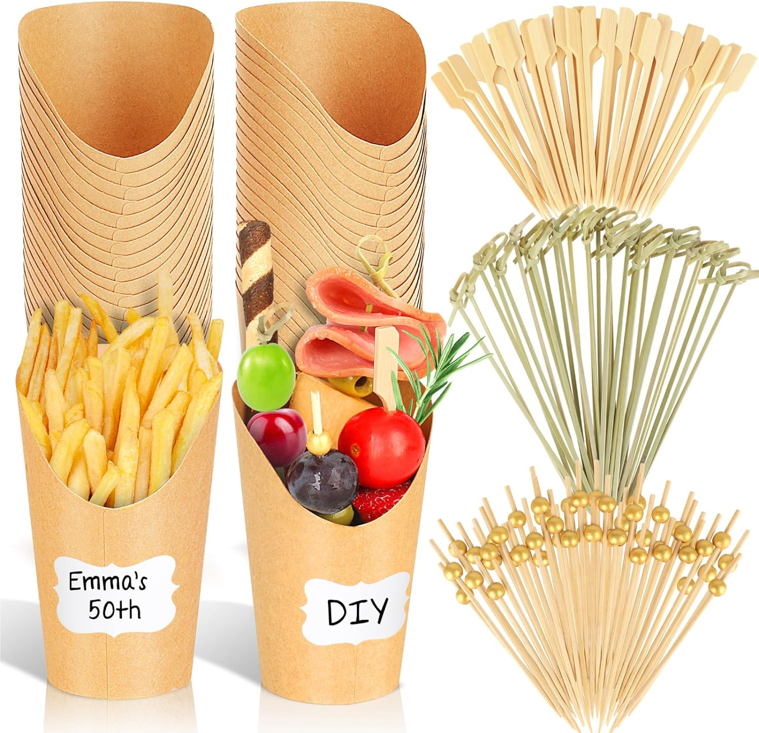 500PCS Charcuterie Cups with Sticks, 80 Cups+320 Picks+100 Labels, Brown