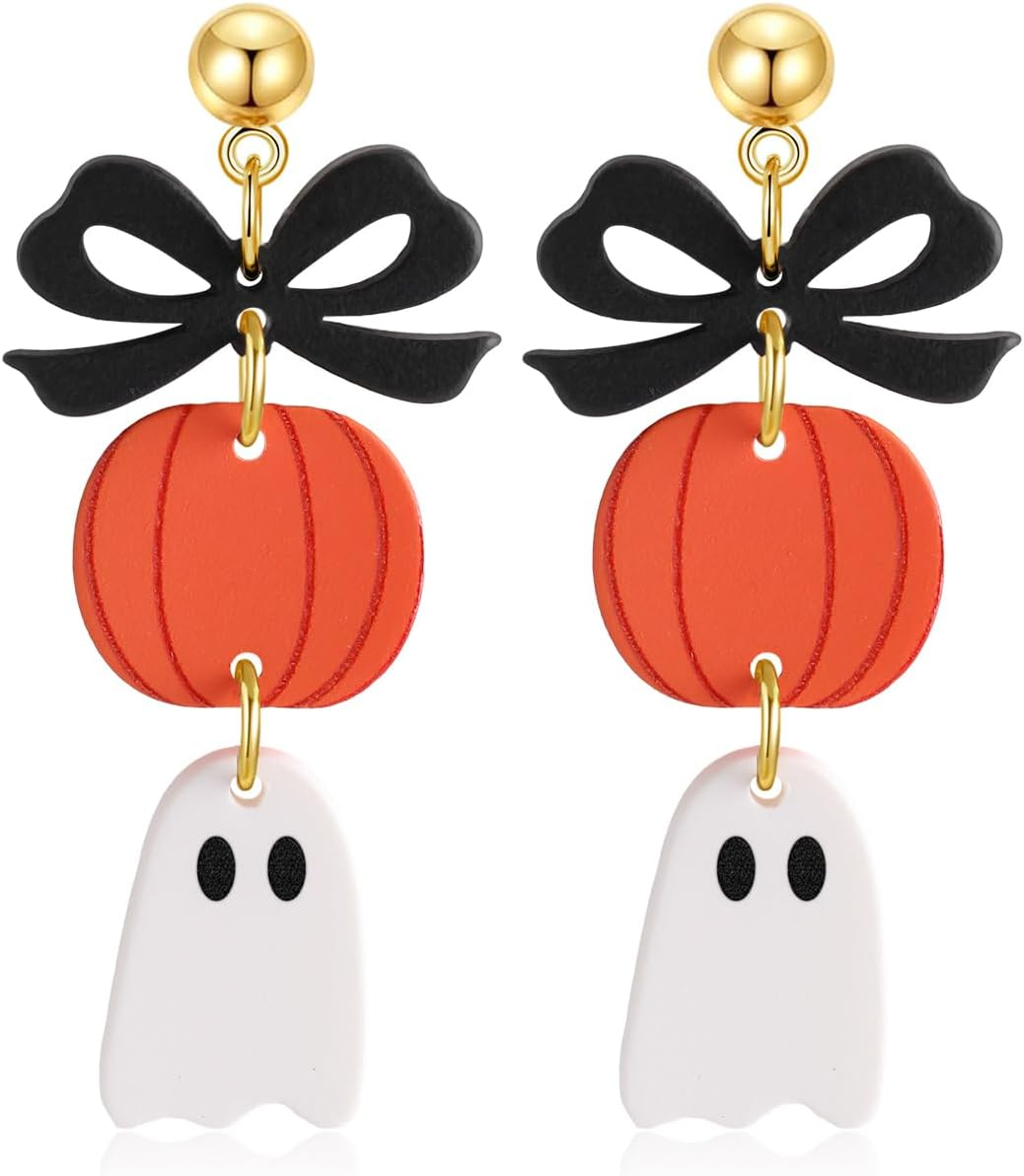 Halloween Earrings for Women, Spooky Cute Bow Pumpkin Ghost Dangle Jewelry