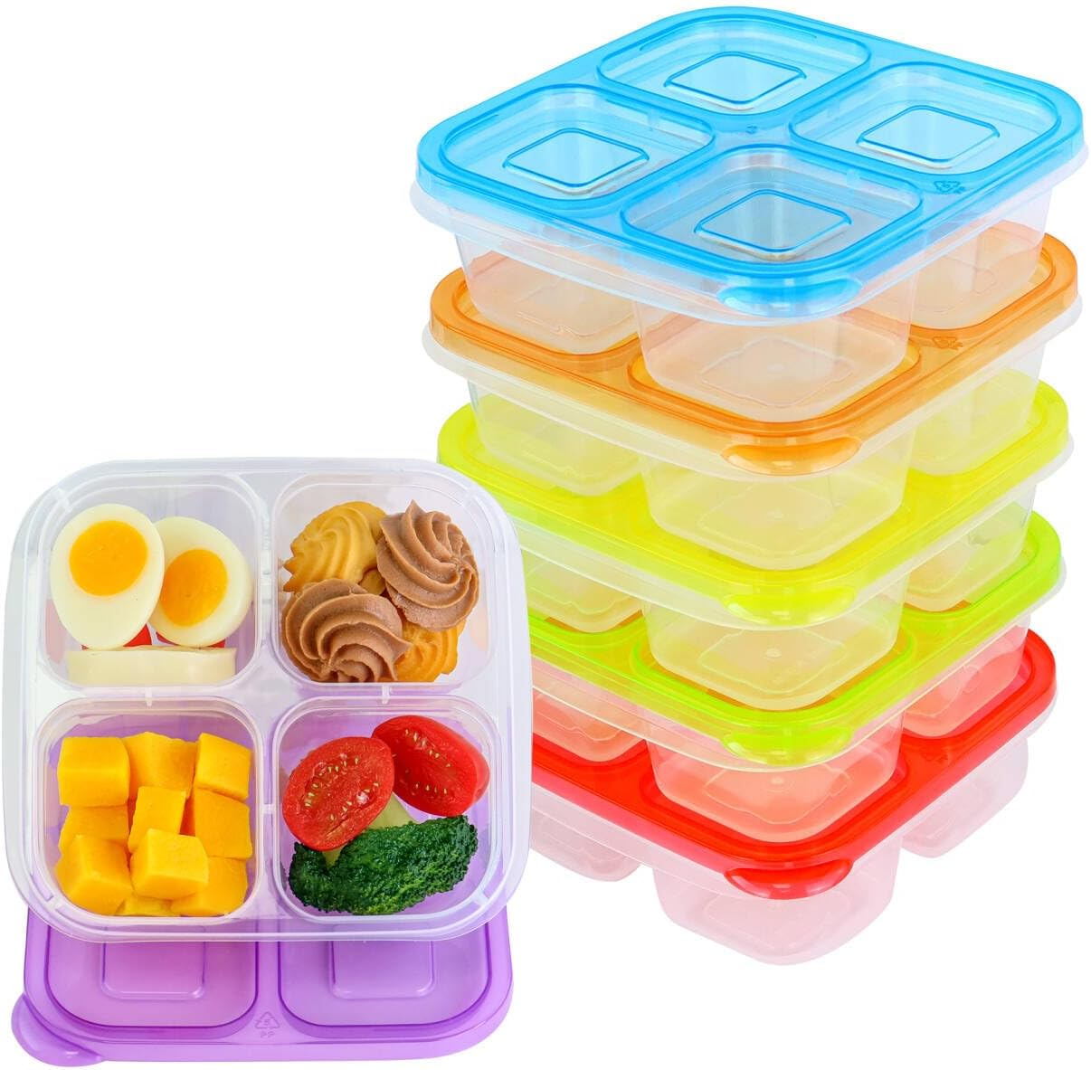 6 Pack 4-Compartment  Containers, Reusable Snack Containers for Kids  School Work Picnic, Lunch Bento Box Meal Prep Containers (Classic Color Set)