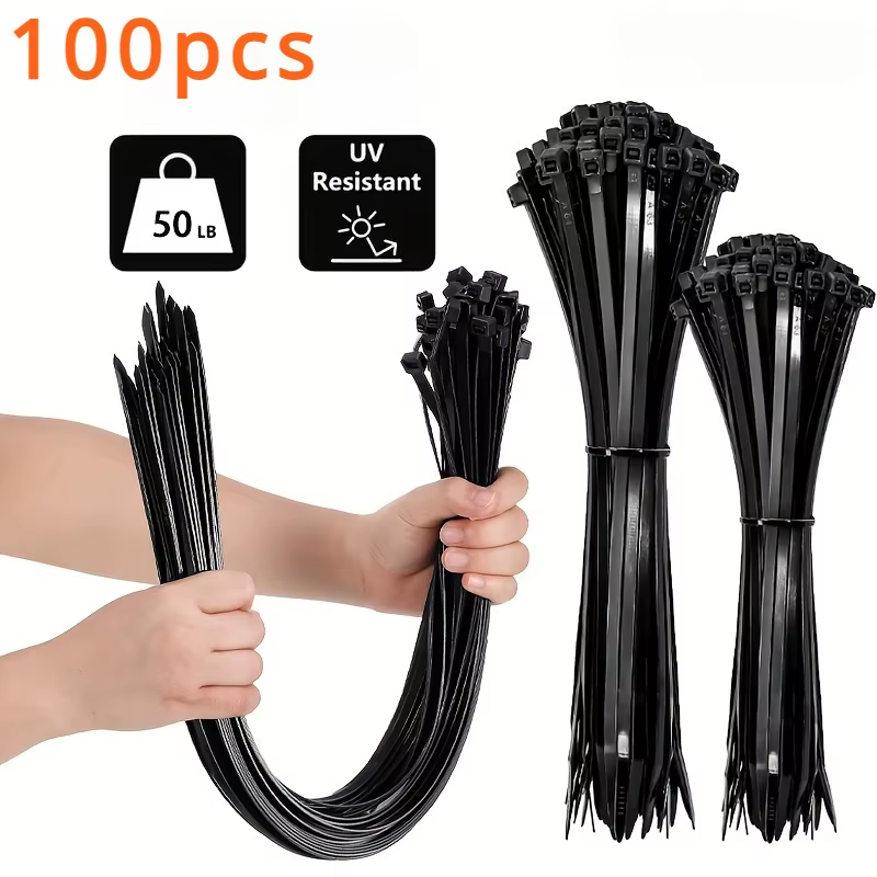 100X Black Cable Ties High Tensile Strength self-Locking for Home & Office Cord