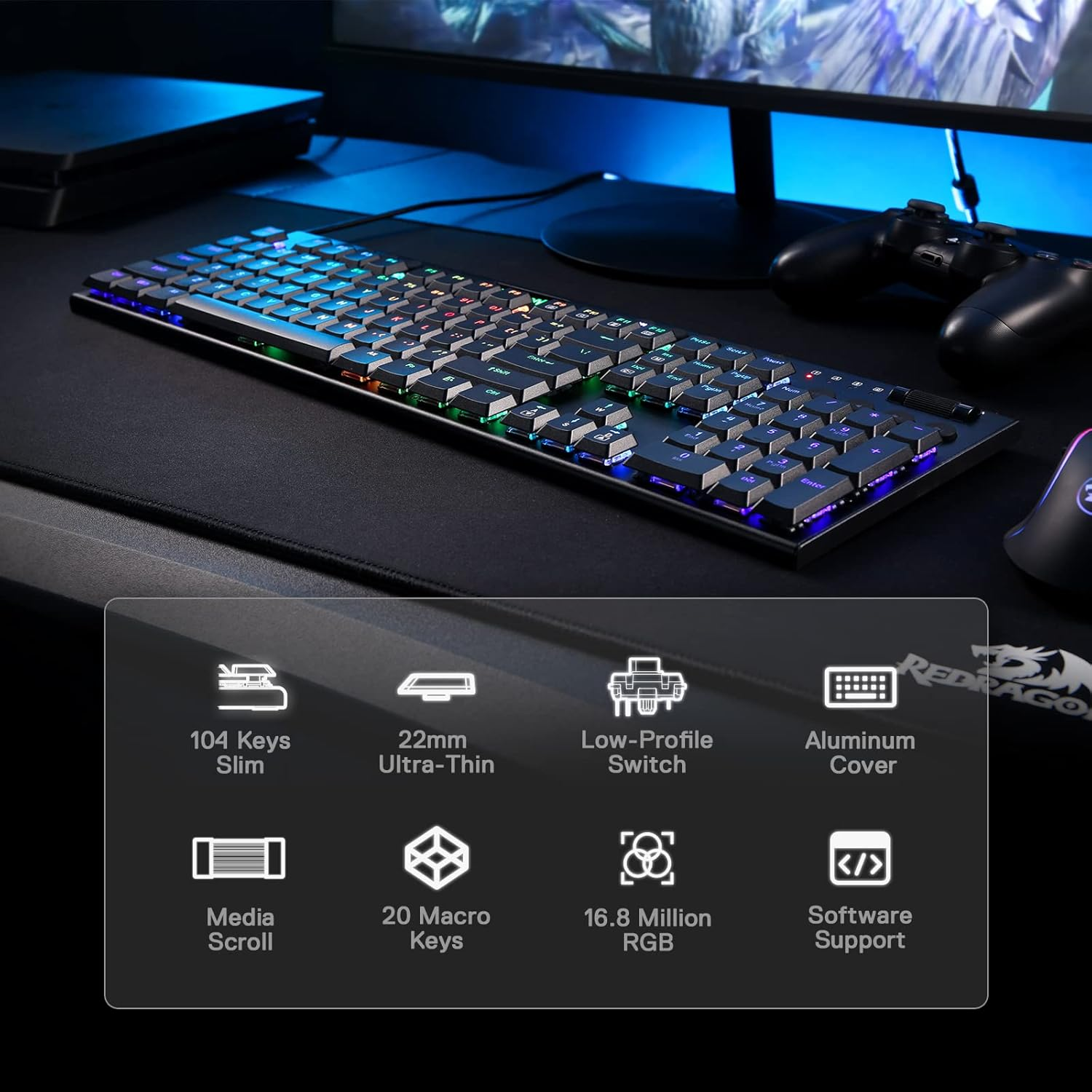 Redragon K619 Horus RGB Mechanical Keyboard, Ultra-Thin Designed Wired Gaming... - Picture 3 of 15