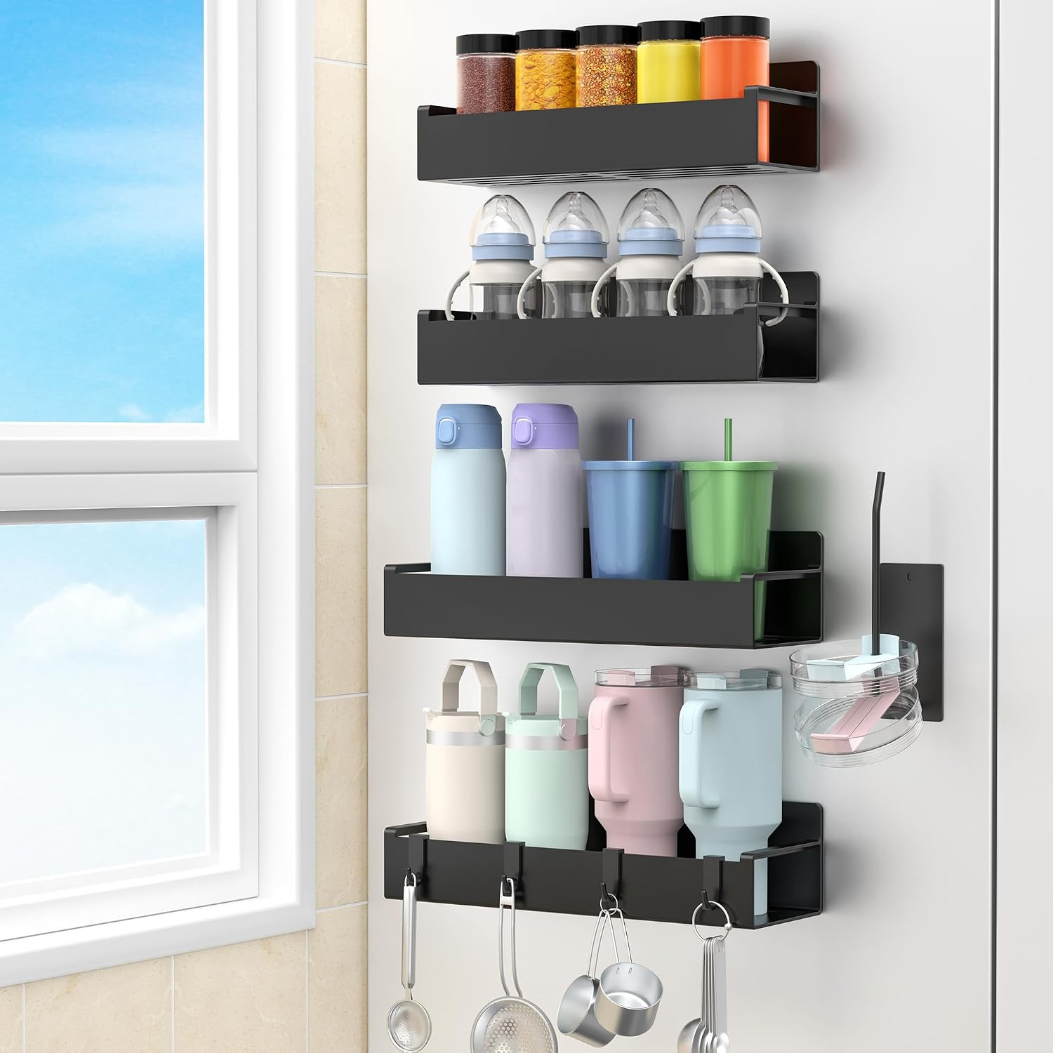 Magnetic Water Bottle Holder for Fridge Black, 4 Pack