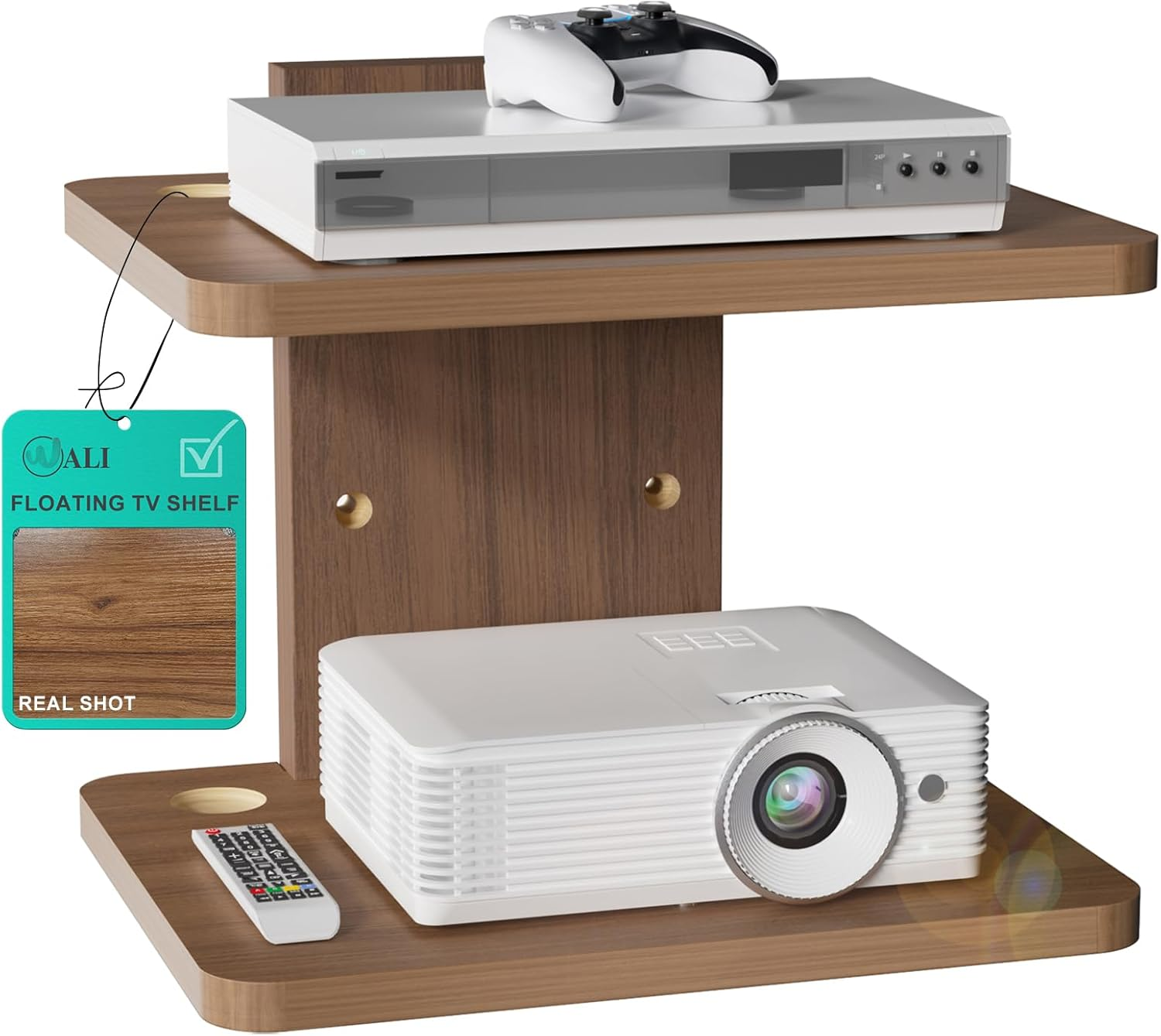 Floating TV Shelf, 2 Tier Projector Shelf for DVD Players, Routers, Game Consoles, Cable Boxes, Living Room Decor Accessories, Wall Mount Shelves Holds up to 22Lbs (CS202N), 2-Shelf, Walnut Brown