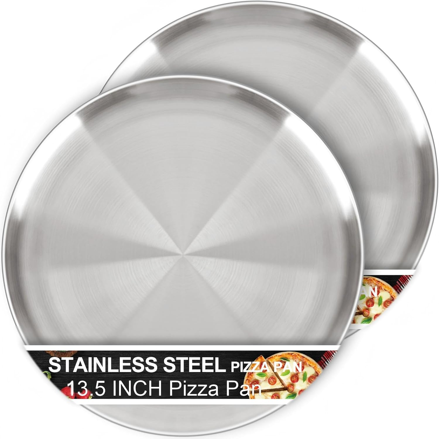 13½ Inch Pizza Pan for Oven Set of 2, Non-Stick Large round Stainless Steel Pizza Pans Plates, Durable Non-Toxic Pizza Steel Tray for Baking Cookie Pie Pizza Cake, Dishwasher Safe & Easy Clean