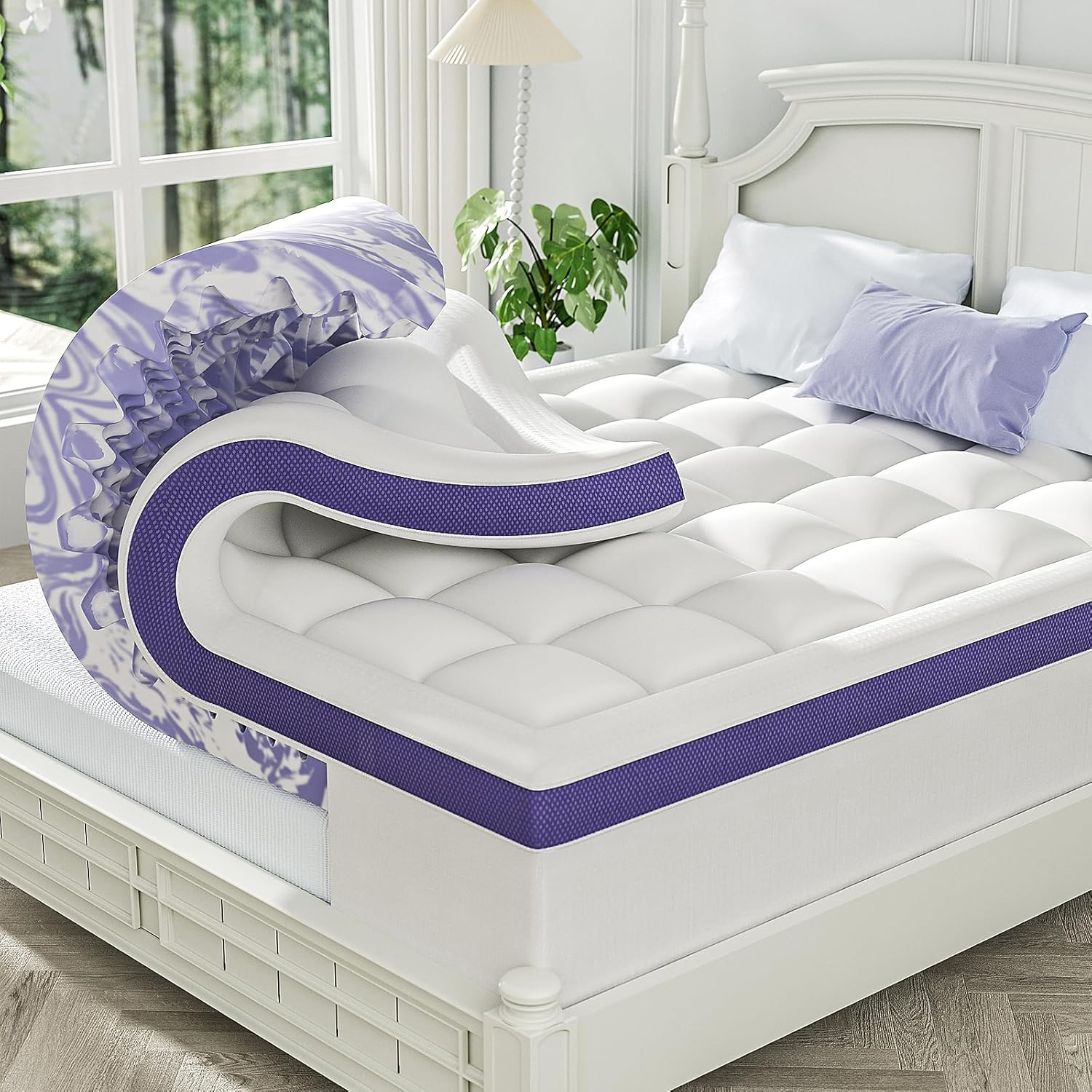 Dual Layer 4 Inch Memory Foam Mattress Topper Queen - 2 Inch Gel Memory Foam and 2 Inch Pillow Top Mattress Pad, 7-Zone Egg Crate Queen Size Mattress Topper (White)