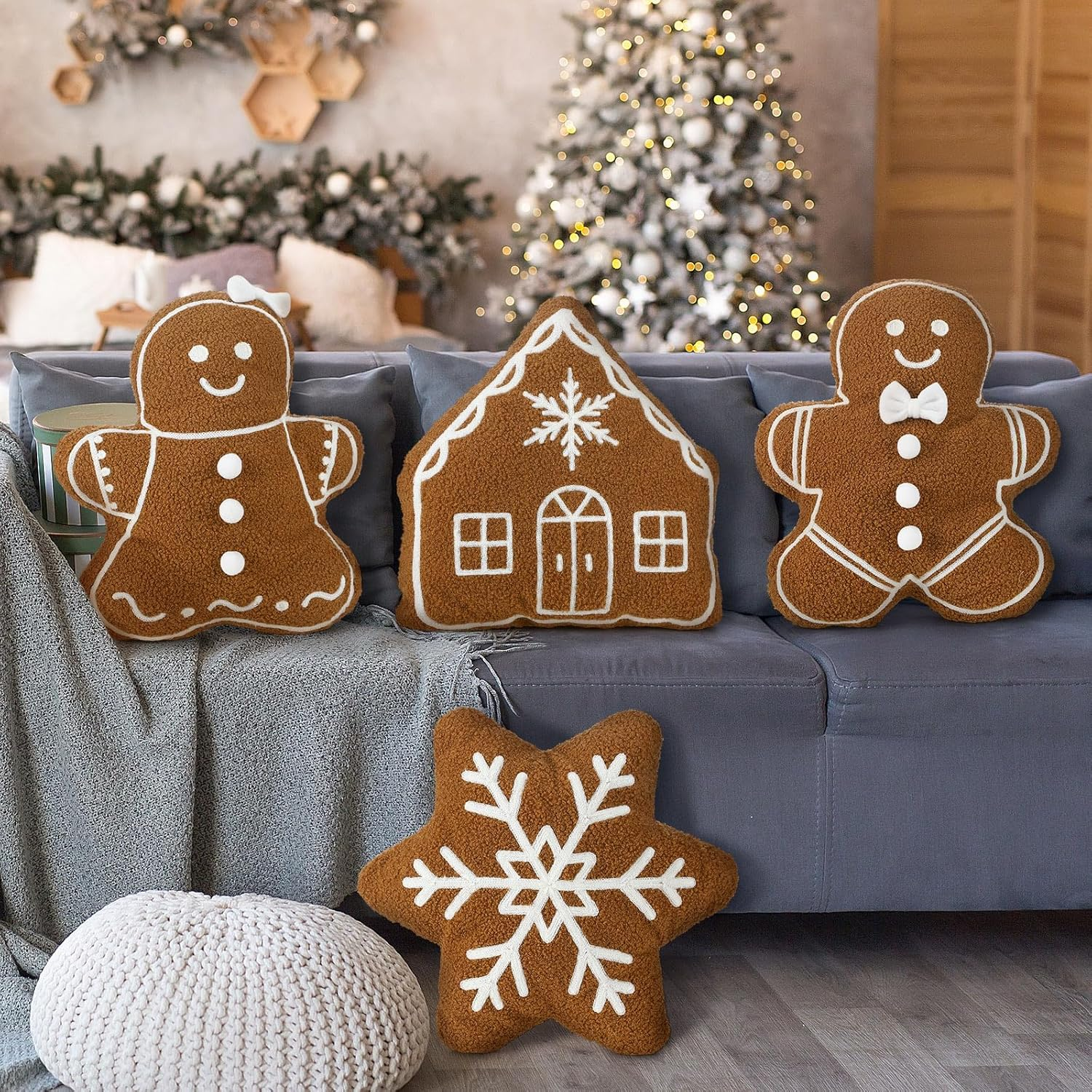4 Pcs Christmas Throw Pillows Plush Gingerbread Men Pillow Gingerbread House Pillow Snowflake Shaped Pillow for Christmas Winter Holiday Party Outdoor Bedroom Cushion Decoration(Caramel)