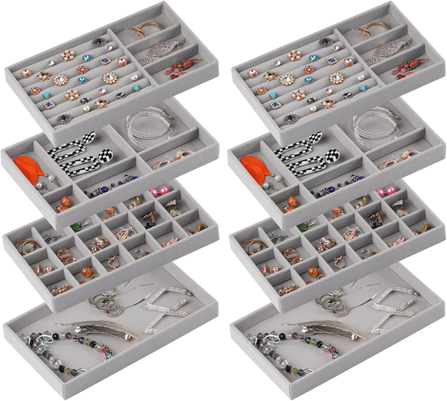 Jewelry Organizer Tray,Stackable Velvet Jewelry Trays,Set of 8 Drawer Inserts Earring Organizer for Women Girls Jewelry Storage Display Case for Rings Stud Necklaces (Grey)