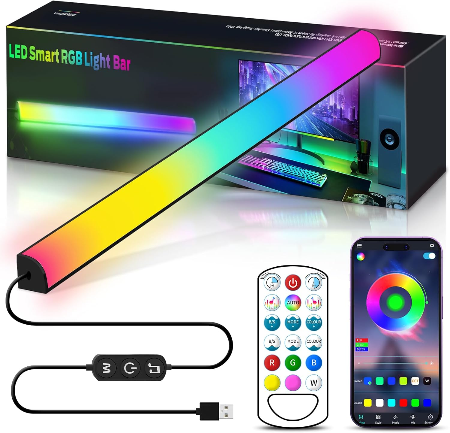 Monitor down Light Bar, RGB Screen Desk Light PC, Dimmable LED Dynamic Rainbow Effect, Adjustable Brightness, Speed and Music, Remote Control Color Change, for Game Room