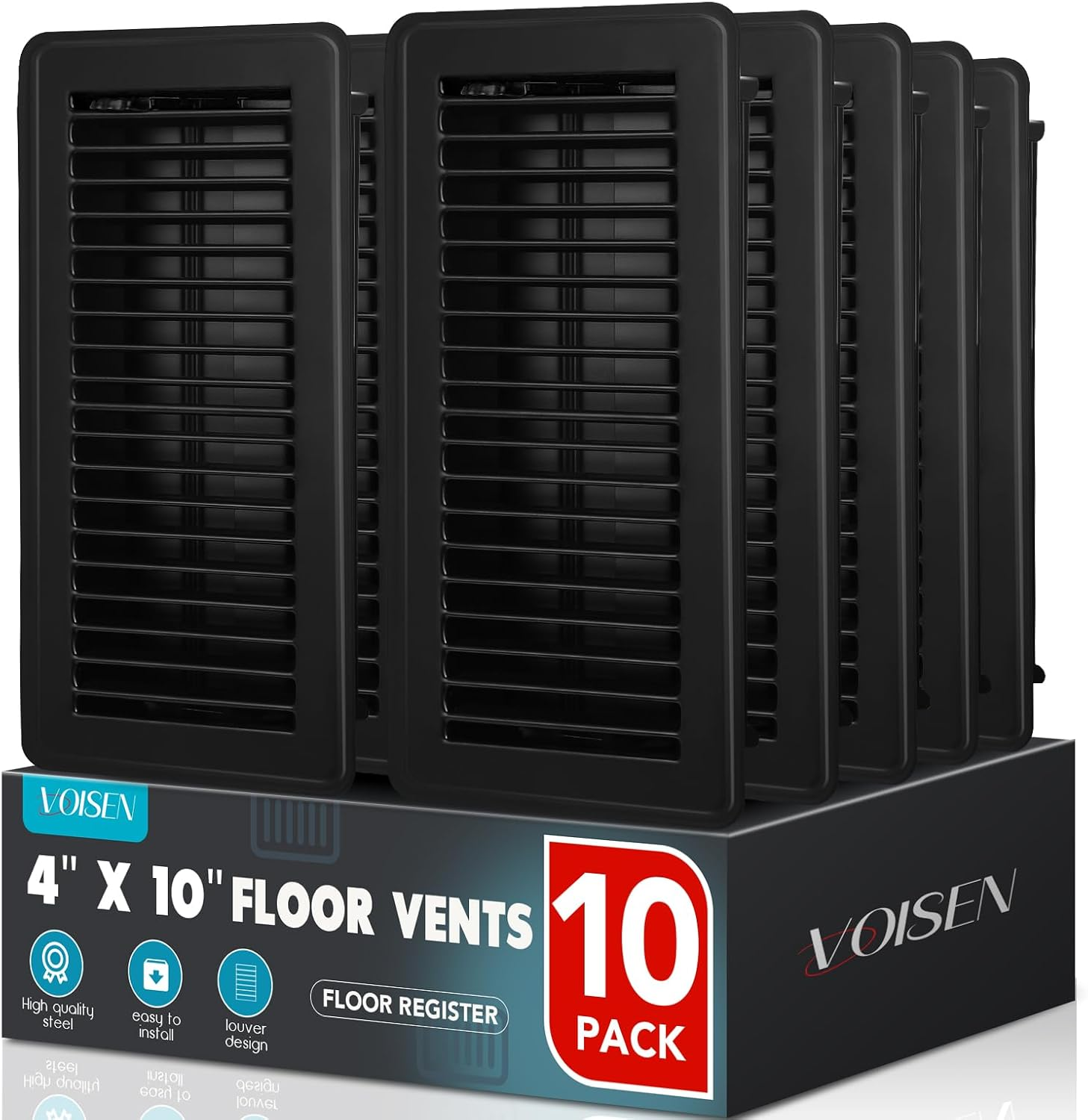 VOISEN Floor Register 4X10, 10 Pack Black Vent Covers for Home Floor,Heavy Duty Steel Walkable Floor Grates,Adjustable Decor Grates for Sidewall and Floor