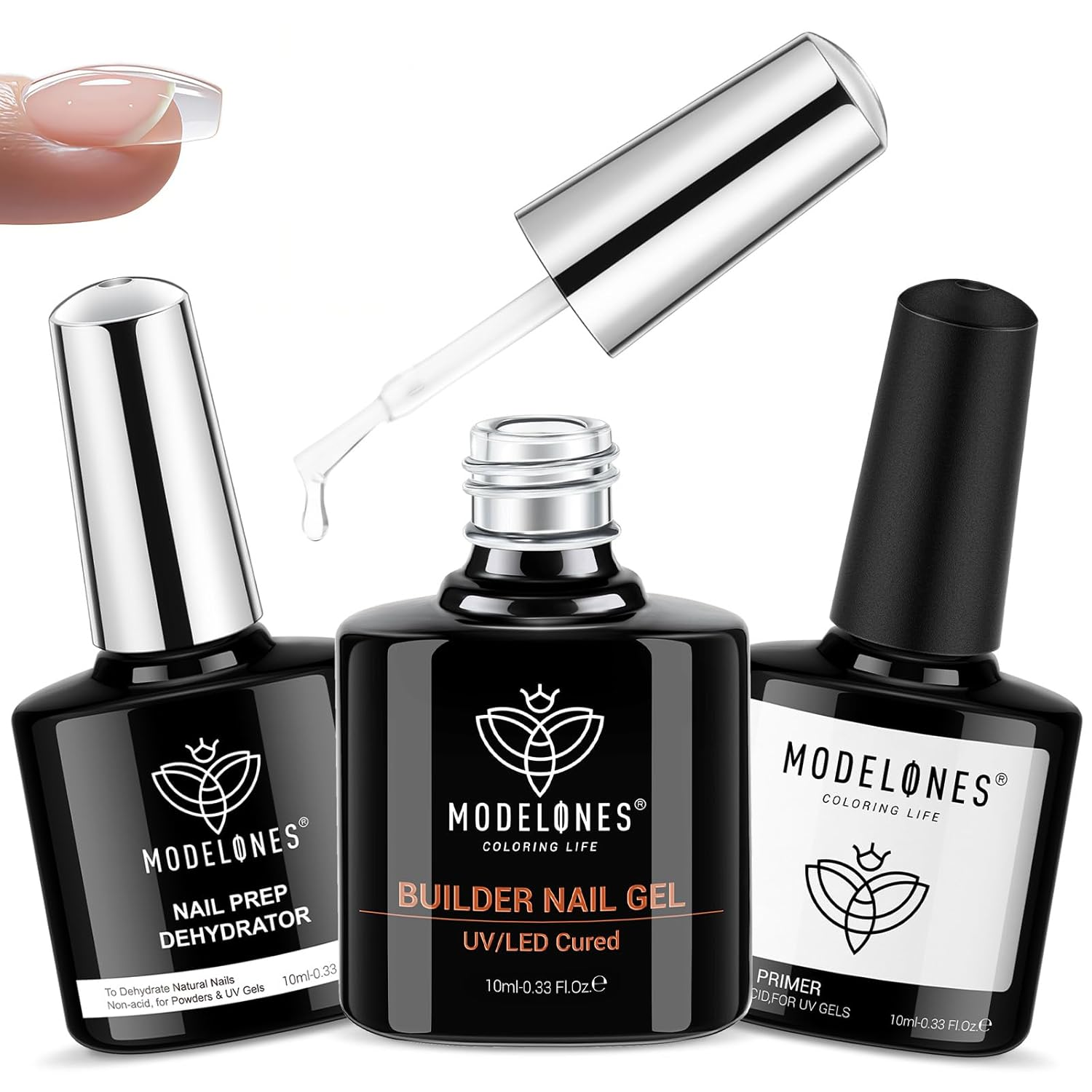 Nail Dehydrator and Primer & Builder Nail Gel, 3Pcs Prep Dehydrate & Bond Primer Clear Gel Builder Polish Base Coat for Strengthener Apex Building, LED Lamp Cured 10Ml Home DIY Salon