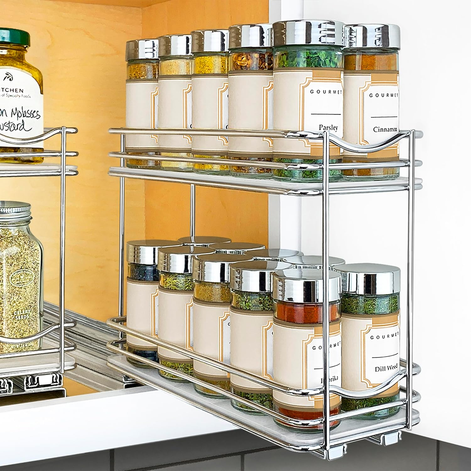 ® Pull Out Spice Organization for Cabinets - 4-3/8 Inch Wide – Spice Rack for inside Cabinets, Slide Out Spice Rack Organizer for Cabinet – Pull Out Spice Rack, Sliding 2 Tier Chrome