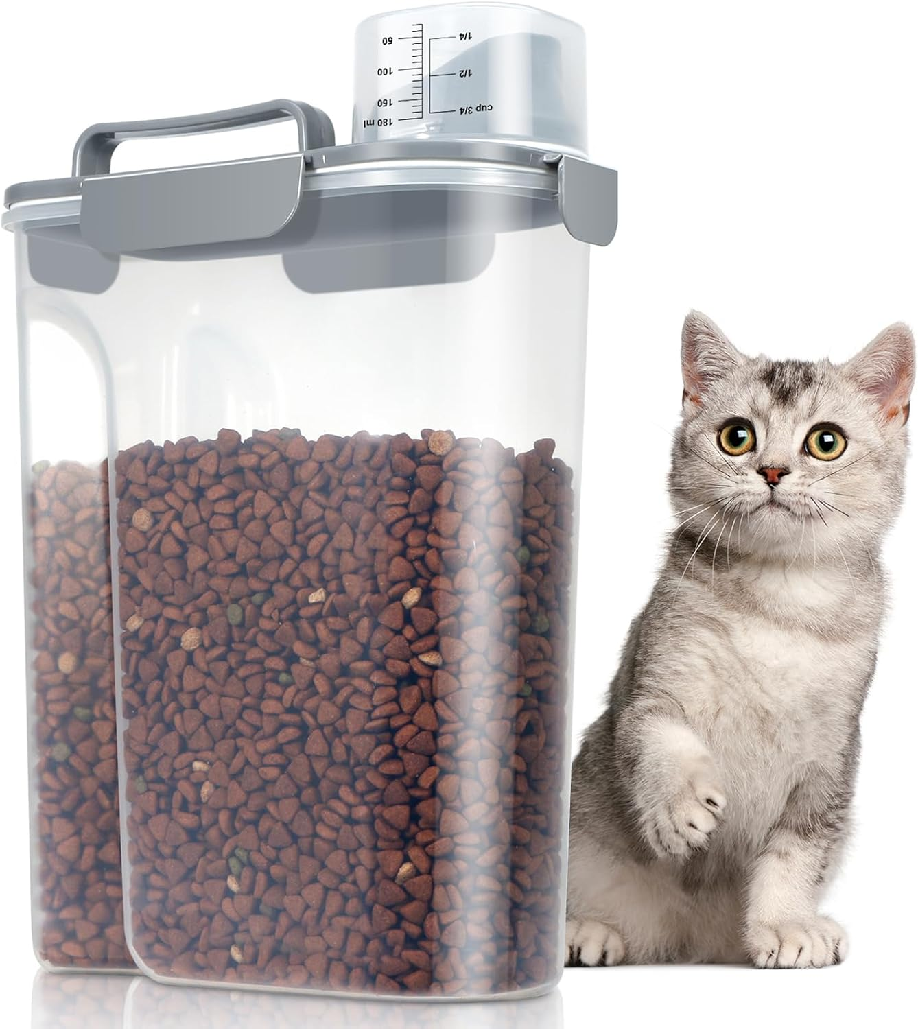 Large Cat Food Storage Container, Portable Dog Food Container with Upgraded Large Spout and Cup, Travel Pet Food Storage Dispenser for Small Animal Kibble Storage, Bird Seed Container - Grey