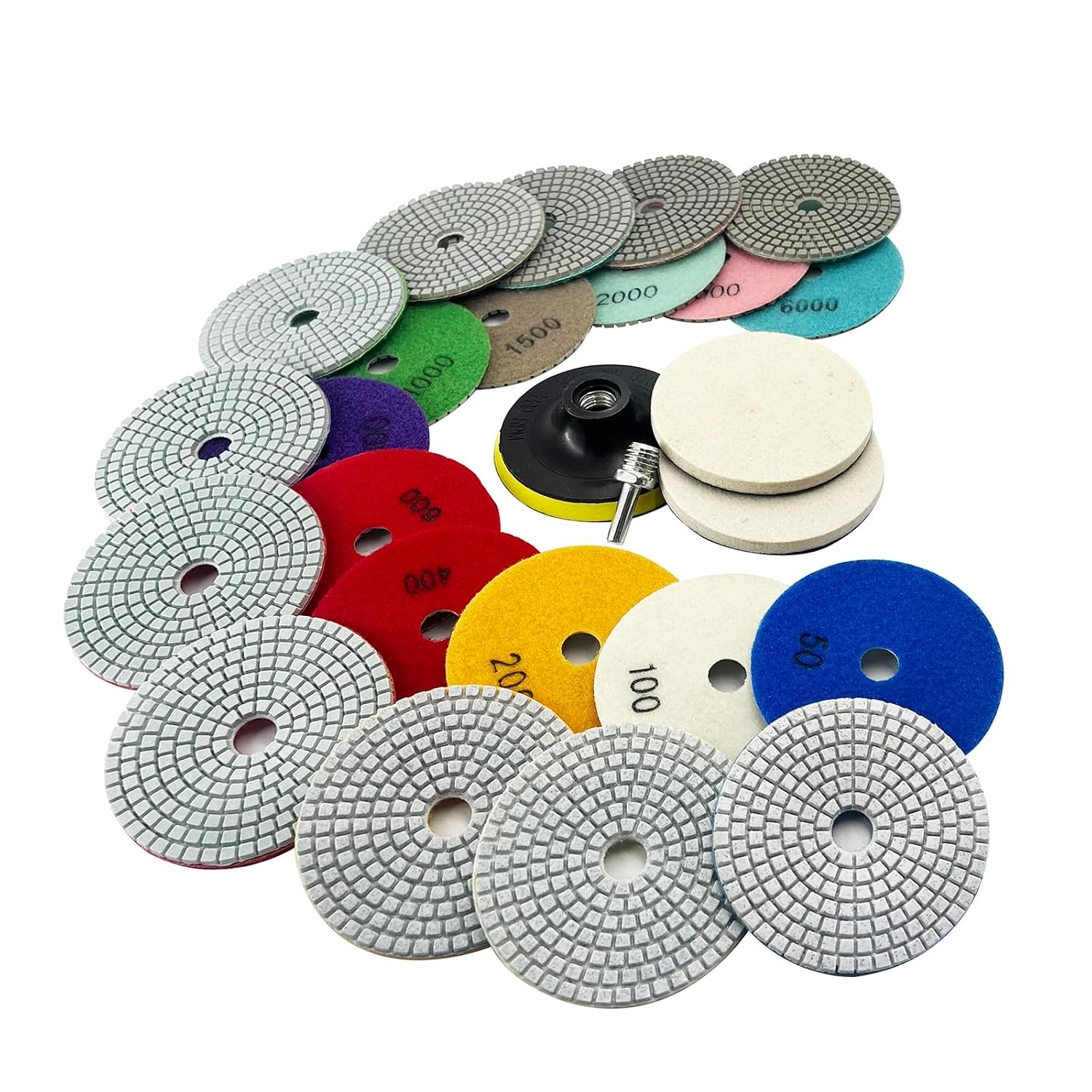4 Inch Diamond Polishing Pads Kit, 15PCS Wet/Dry 50-6000 Grit for Granite, Concrete, Marble, Quartz, Stone – Works with Drill, Grinder, Polisher, Includes 5/8’’-11 Backer Pad